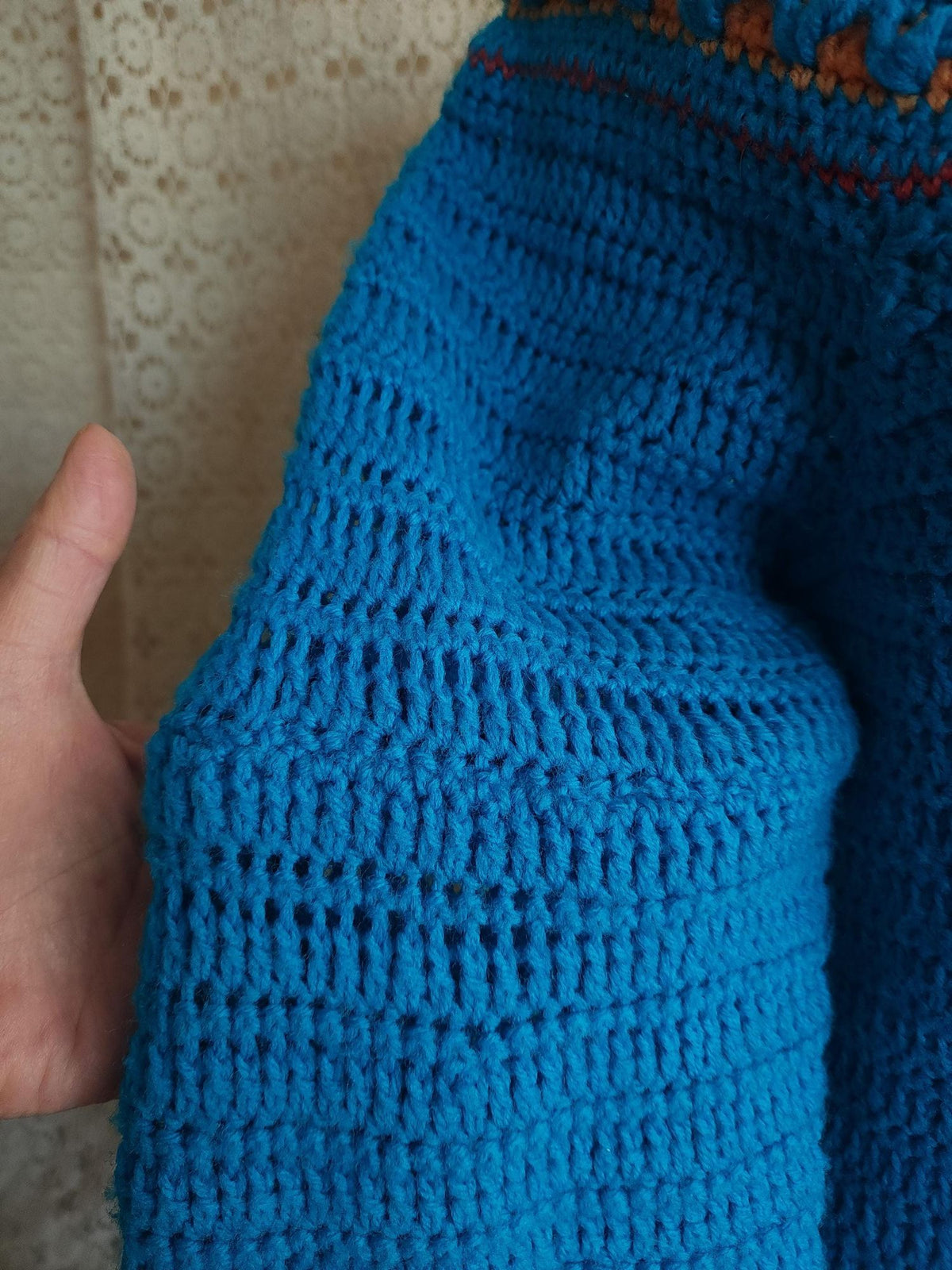 Vintage 1970s Sweater Dress in Blue Wool Crochet Knit