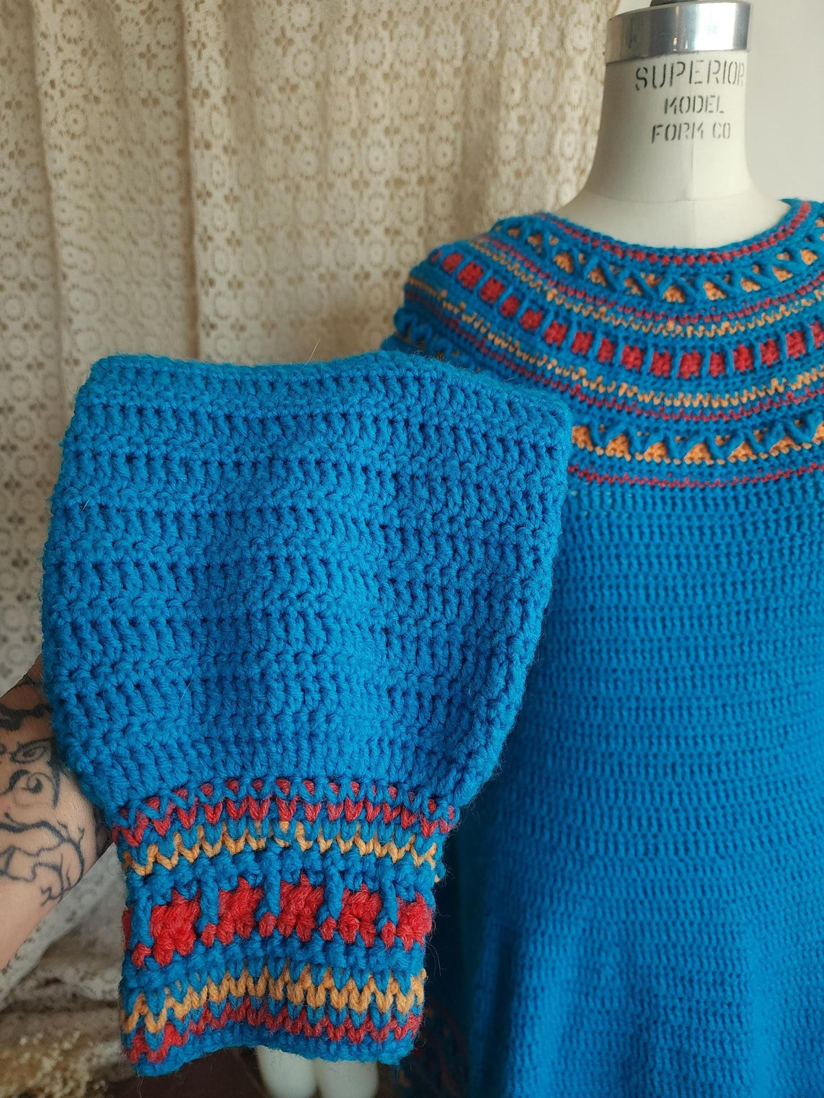 Vintage 1970s Sweater Dress in Blue Wool Crochet Knit
