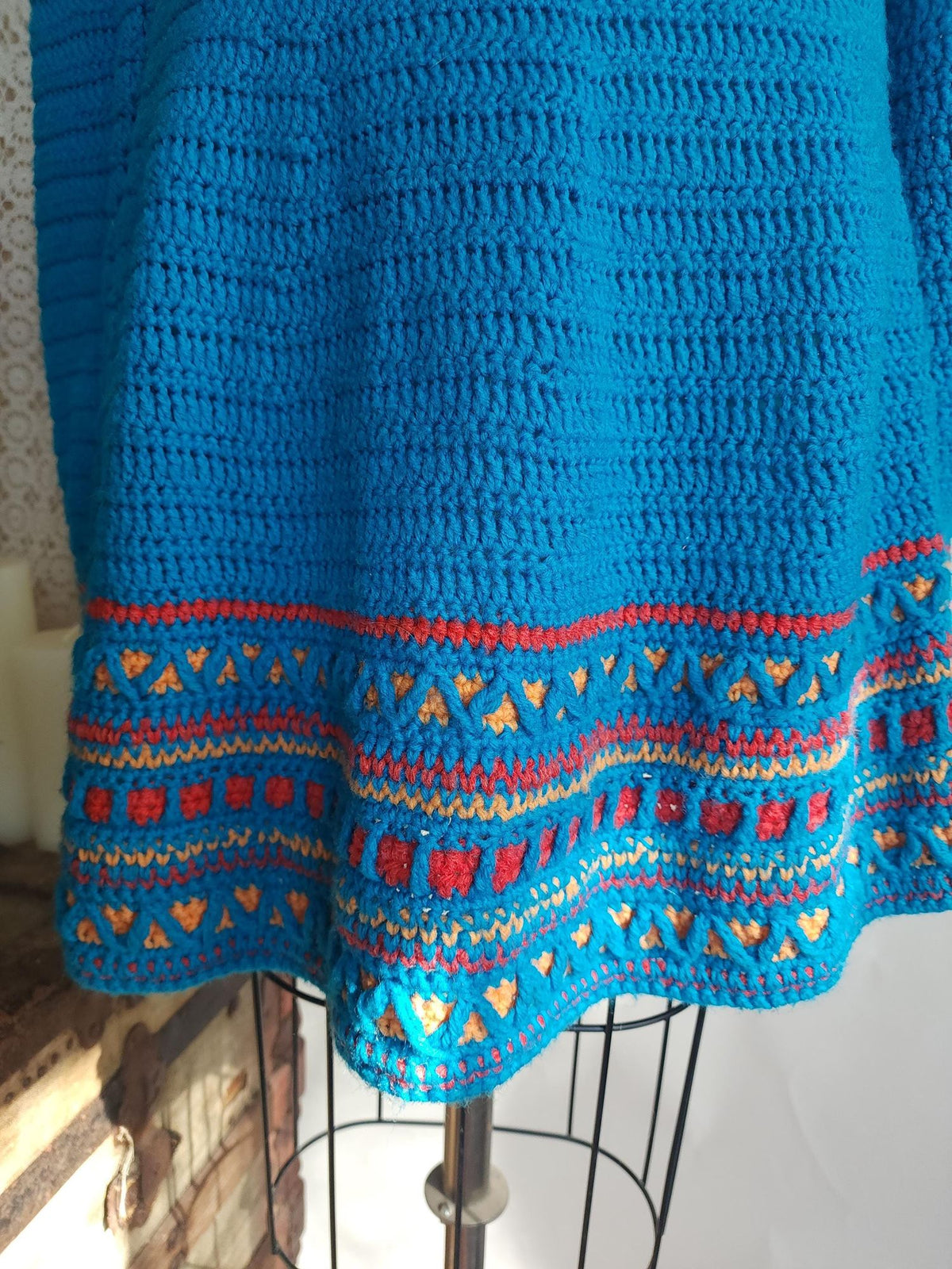 Vintage 1970s Sweater Dress in Blue Wool Crochet Knit