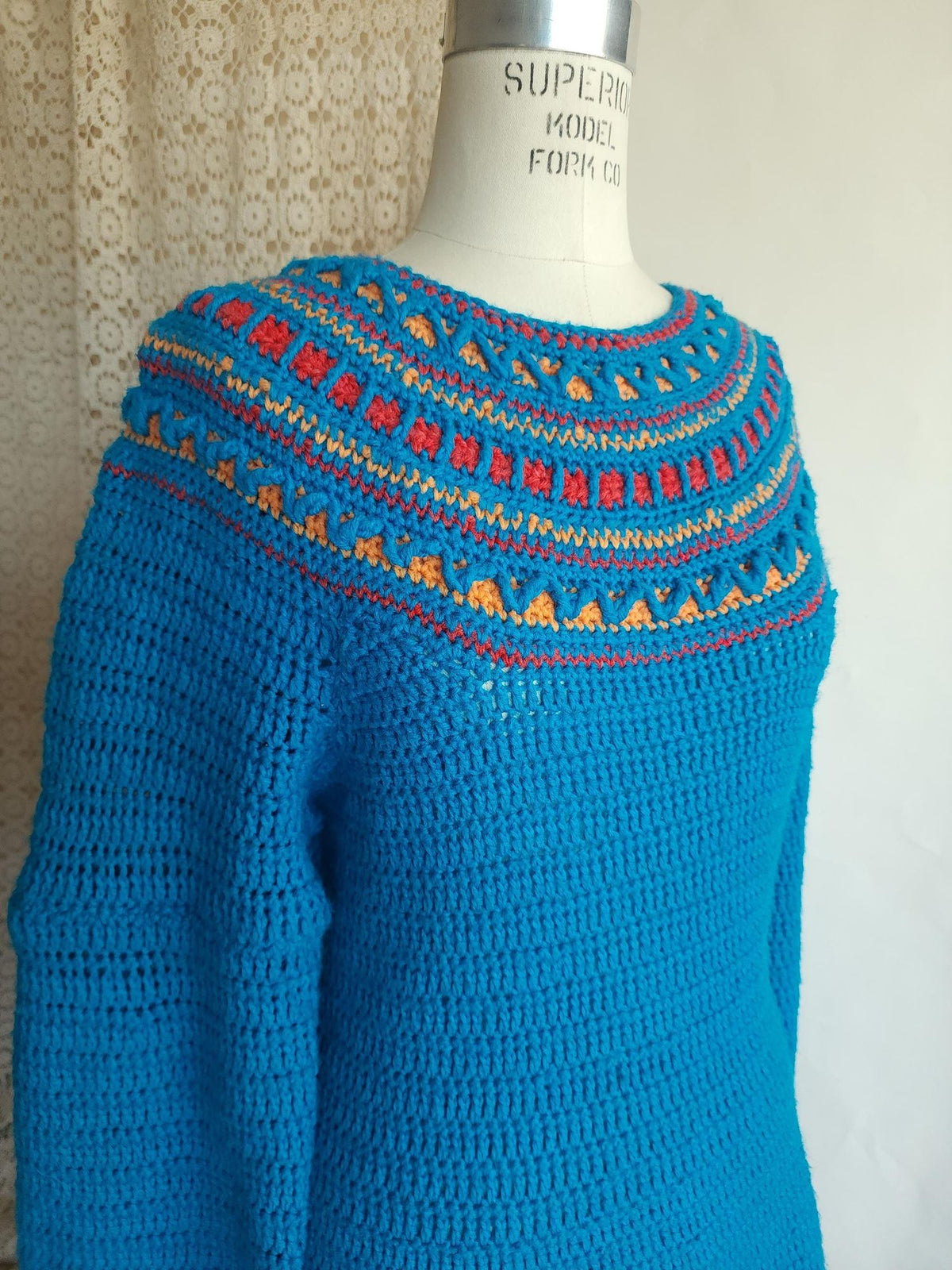 Vintage 1970s Sweater Dress in Blue Wool Crochet Knit