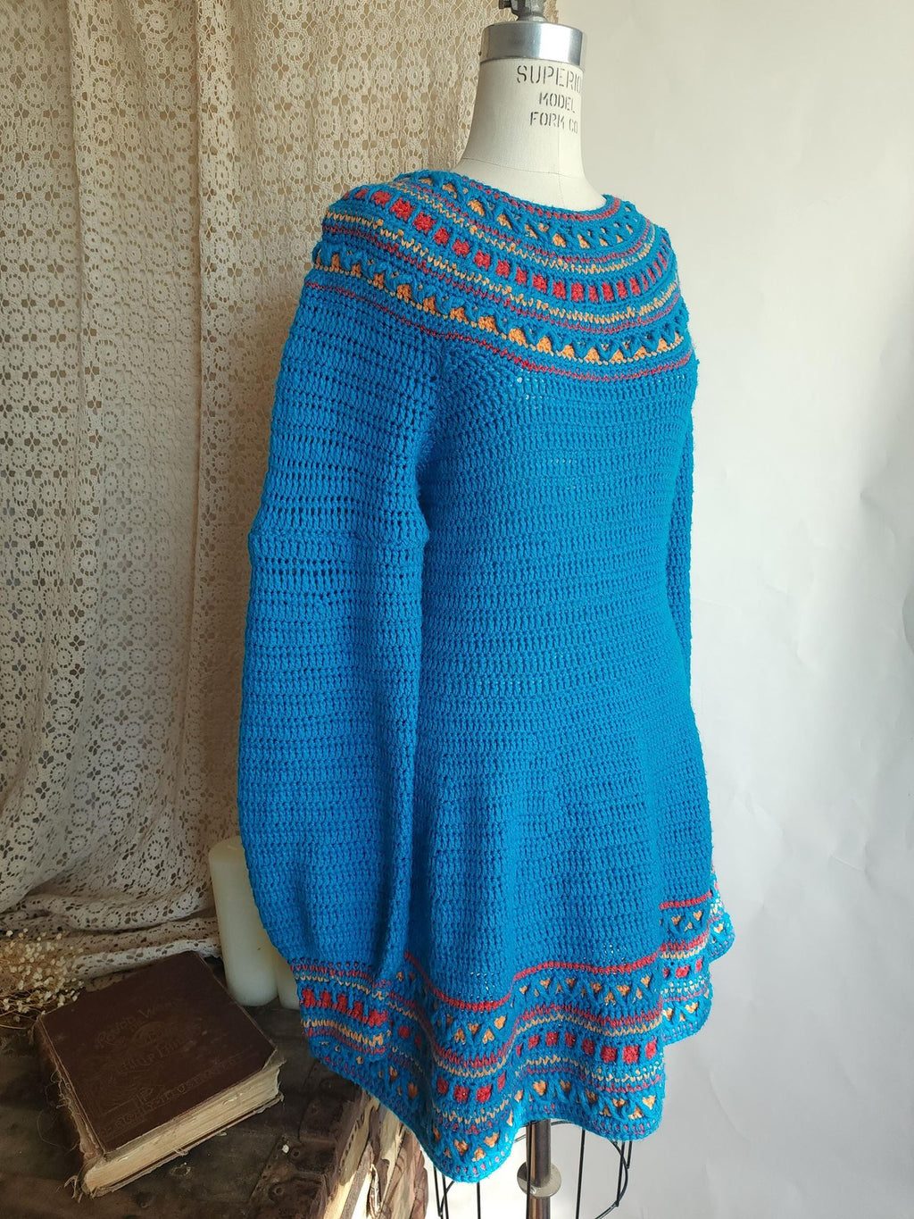 Vintage 1970s Sweater Dress in Blue Wool Crochet Knit