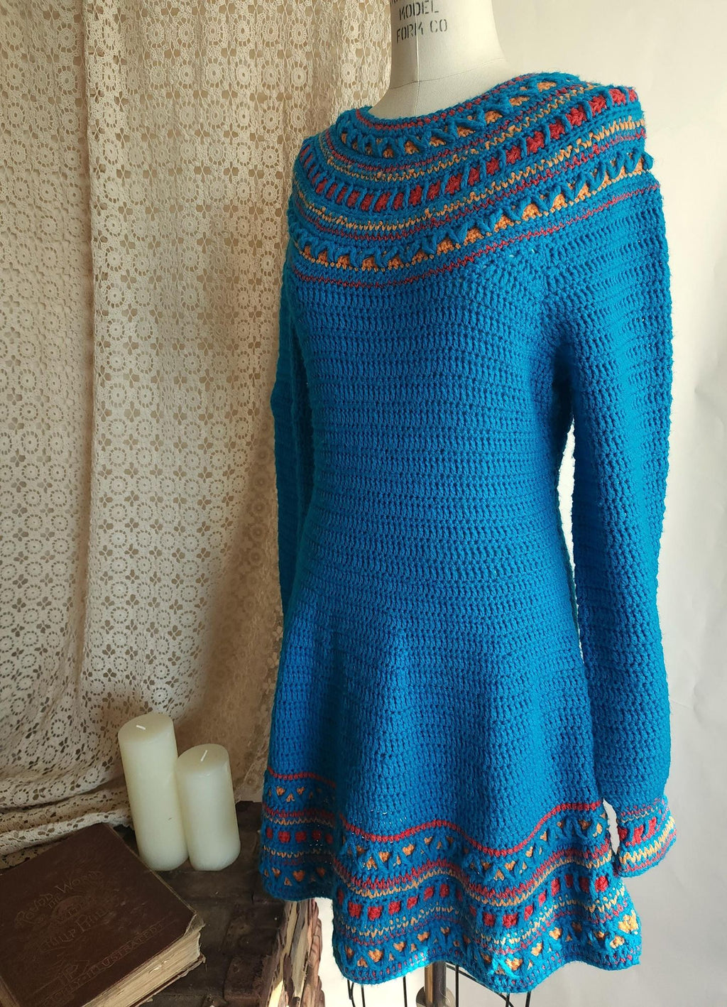 Vintage 1970s Sweater Dress in Blue Wool Crochet Knit