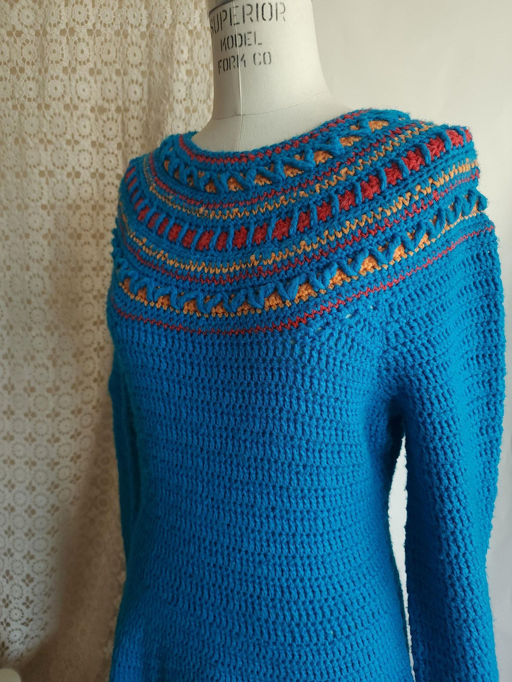 Vintage 1970s Sweater Dress in Blue Wool Crochet Knit