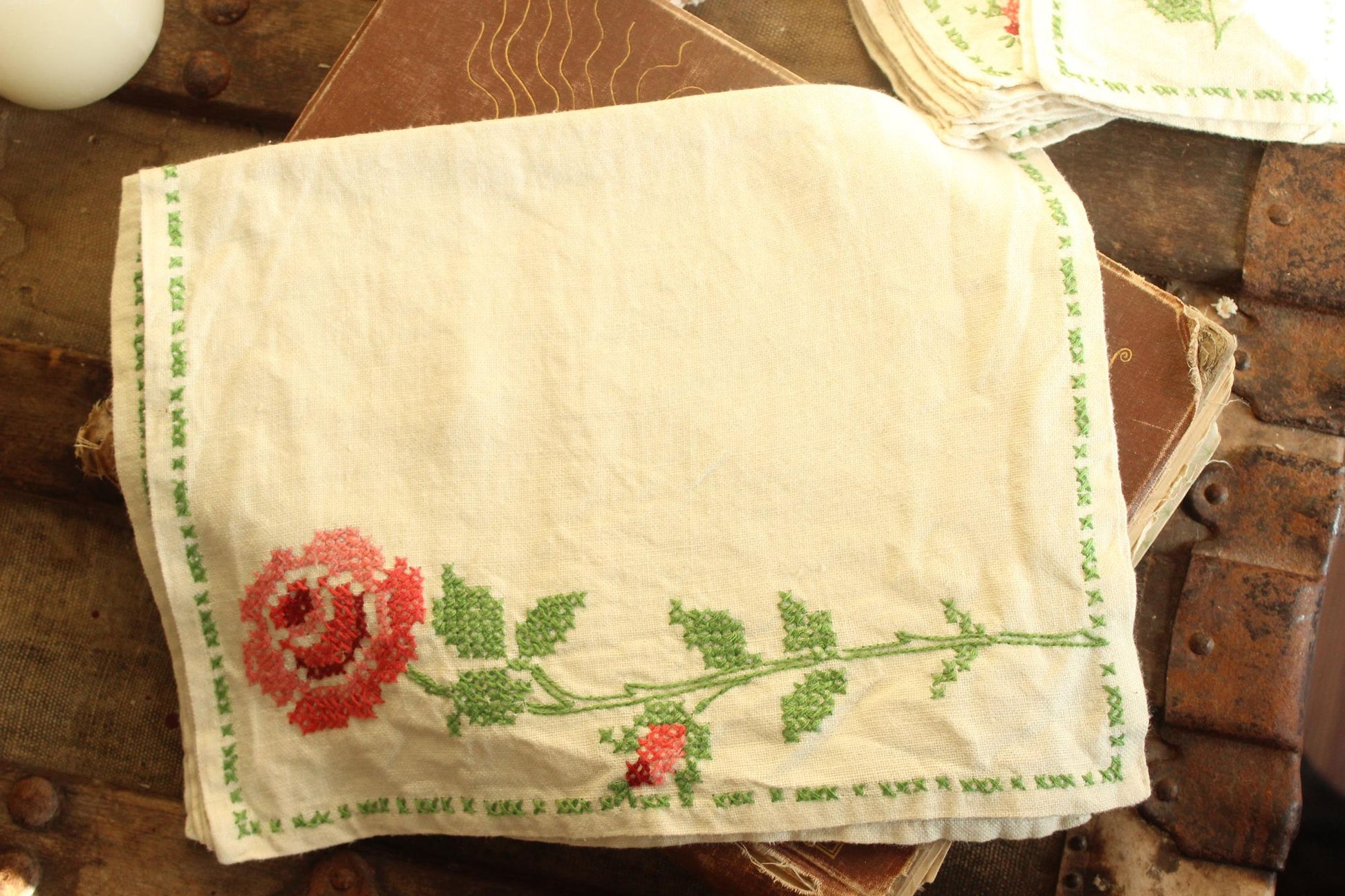 Vintage 1960s Rose Napkins, Coasters and Placemats Set