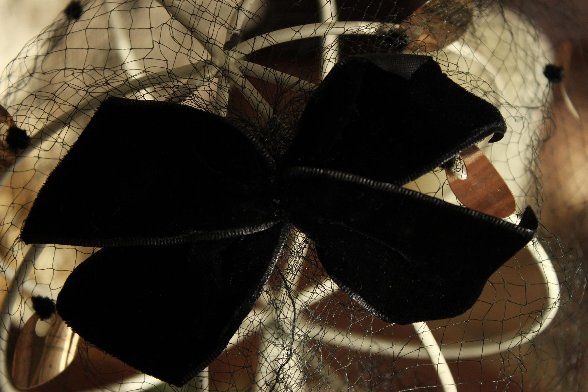 Vintage 1950s Veil Fascinator, Black Birdcage Netting Velvet Bow and Sequins, Millinery