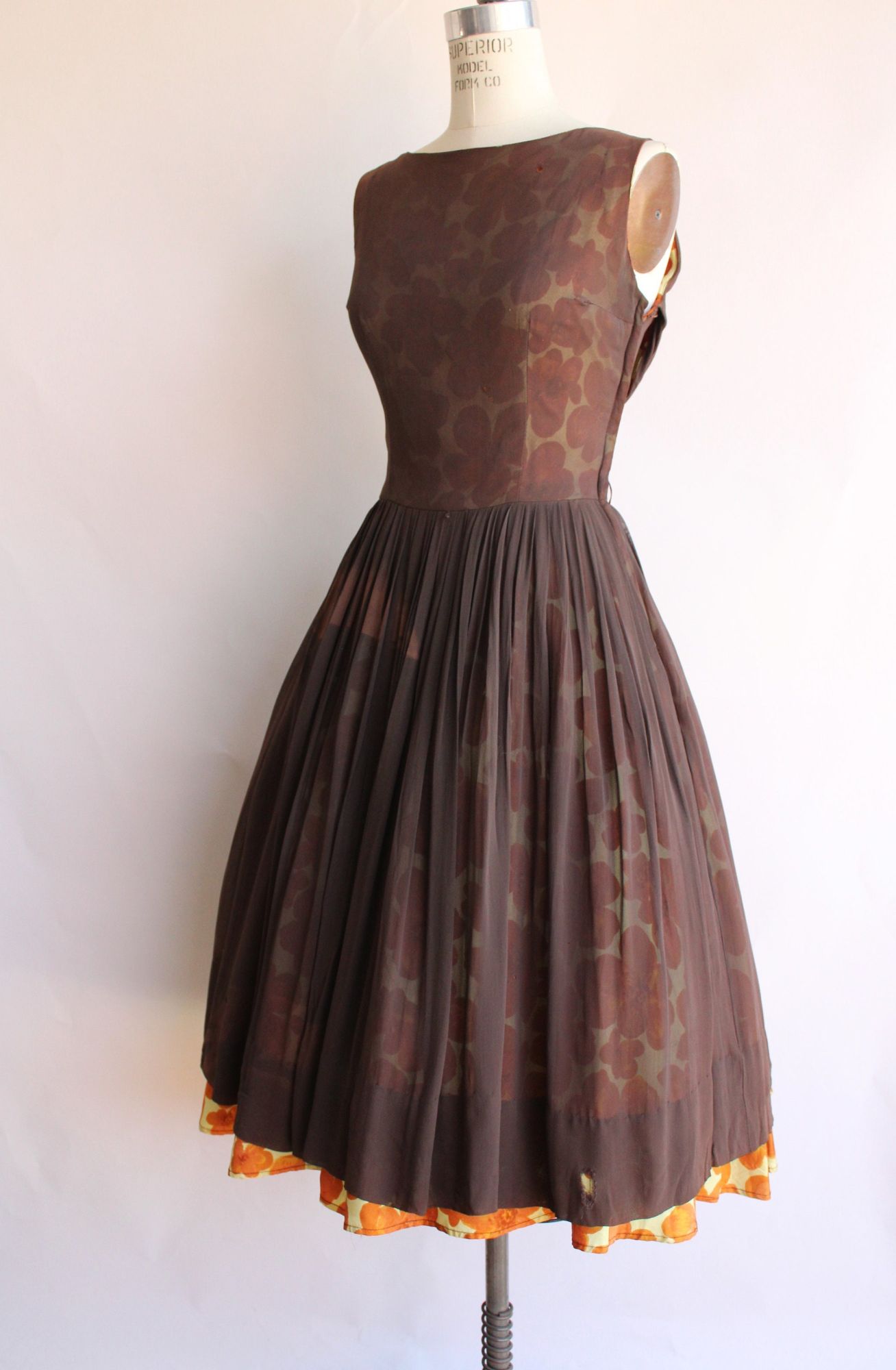 Vintage 1950s Yellow and Brown Floral Fit And Flare Dress