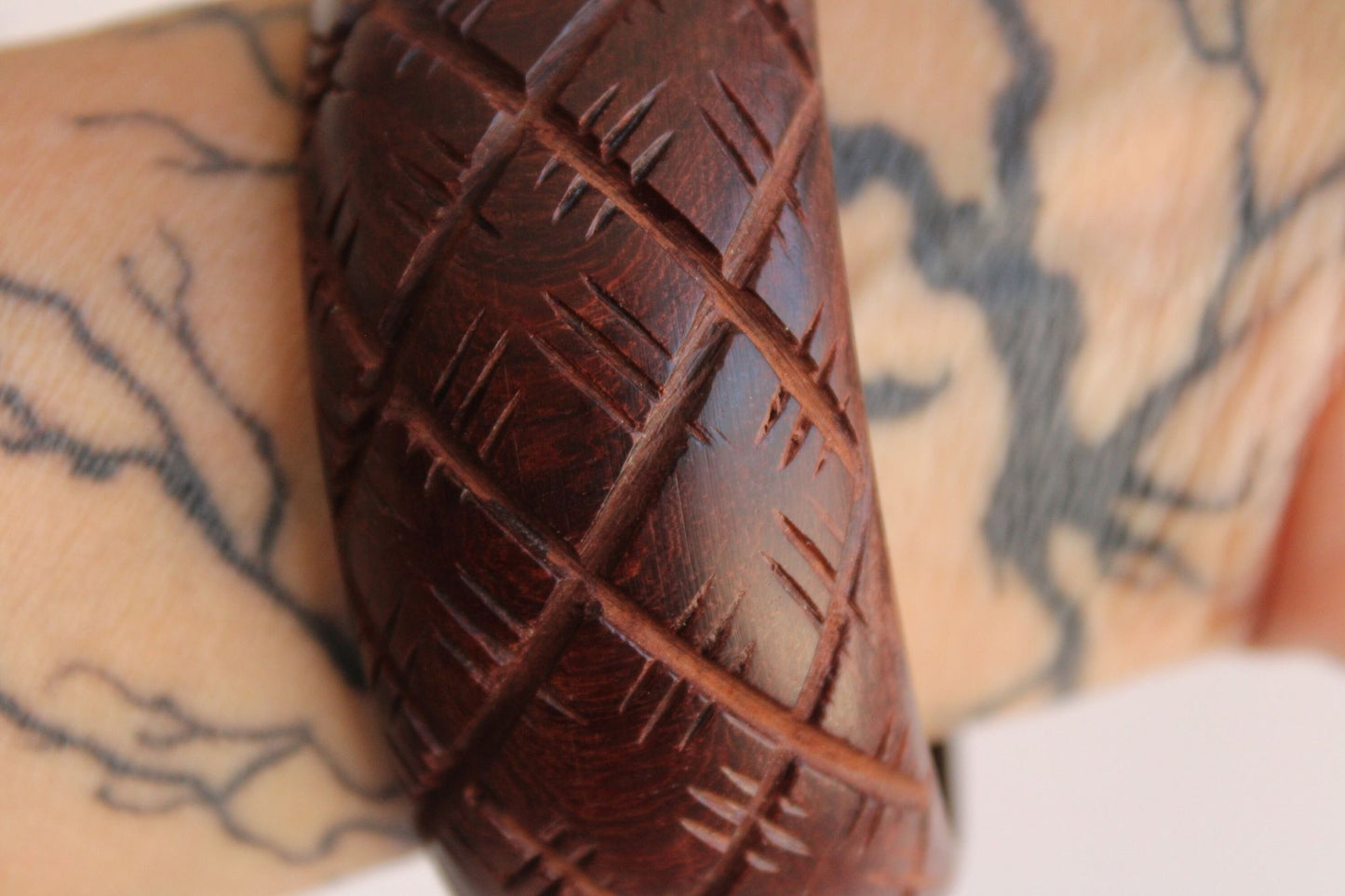 Vintage Brown Wood Carved Bangle Bracelet, Made in India