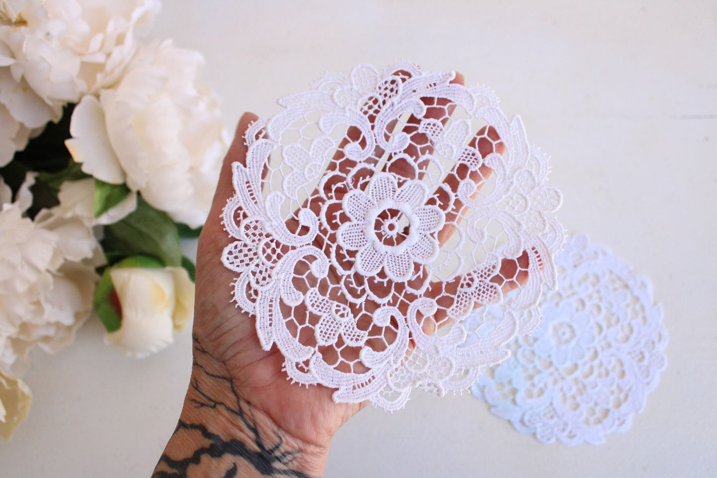 Vintage Set of Two White Lace Embroidered Doilies