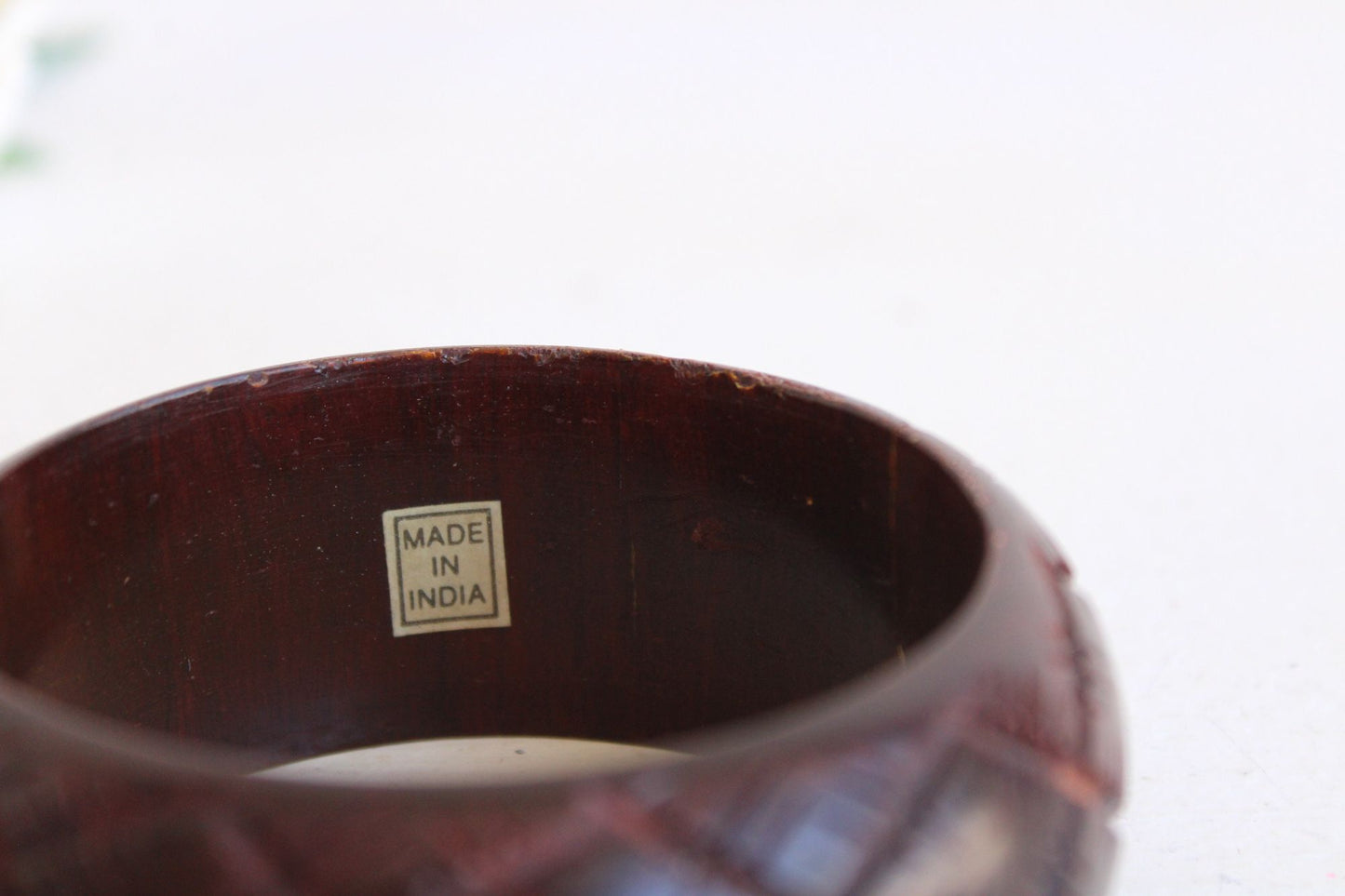 Vintage Brown Wood Carved Bangle Bracelet, Made in India