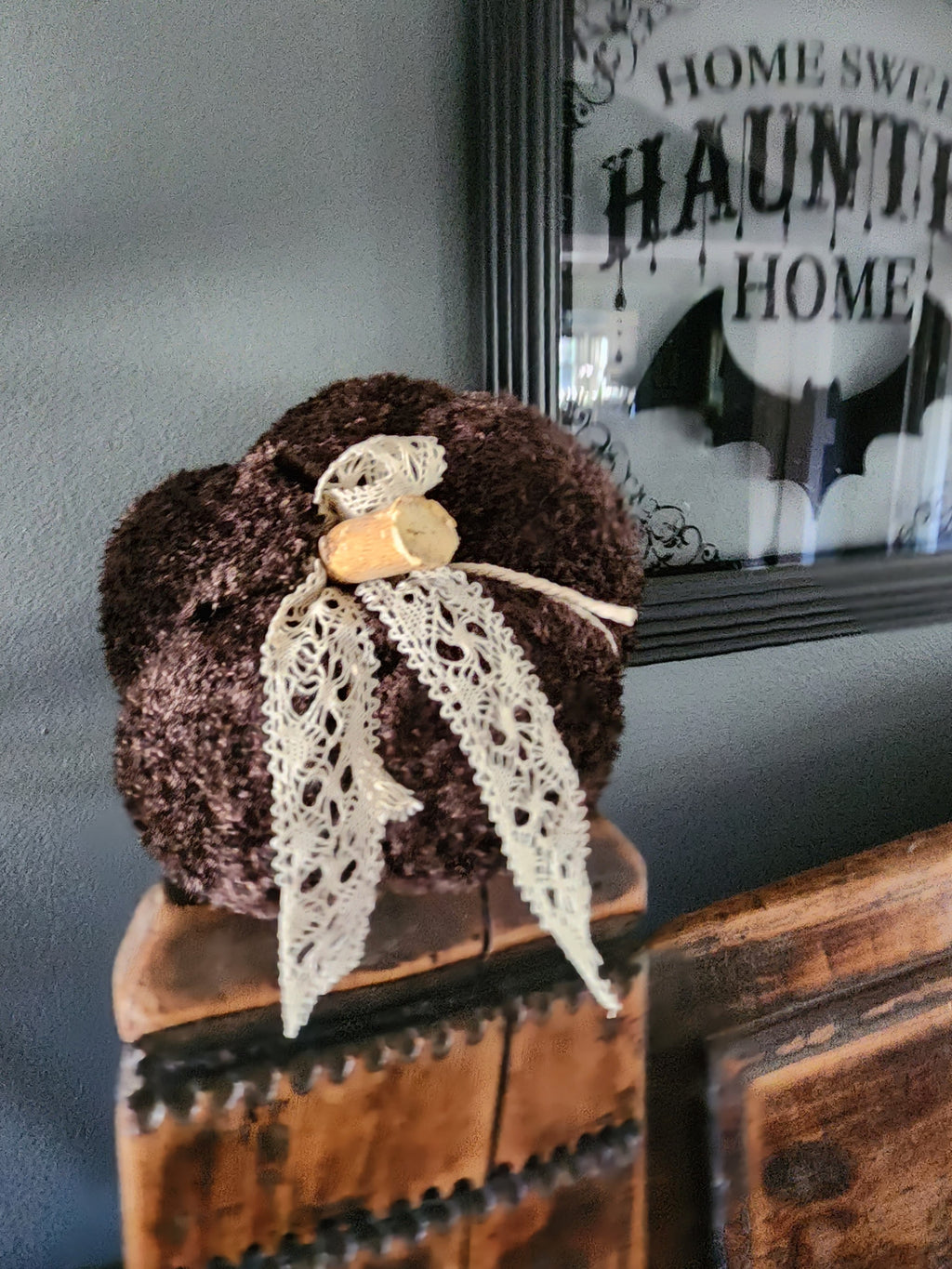 "Cafe Au Chocolat" Brown Knit Pumpkin Pillow Pouf with Vintage Ribbon and Lace