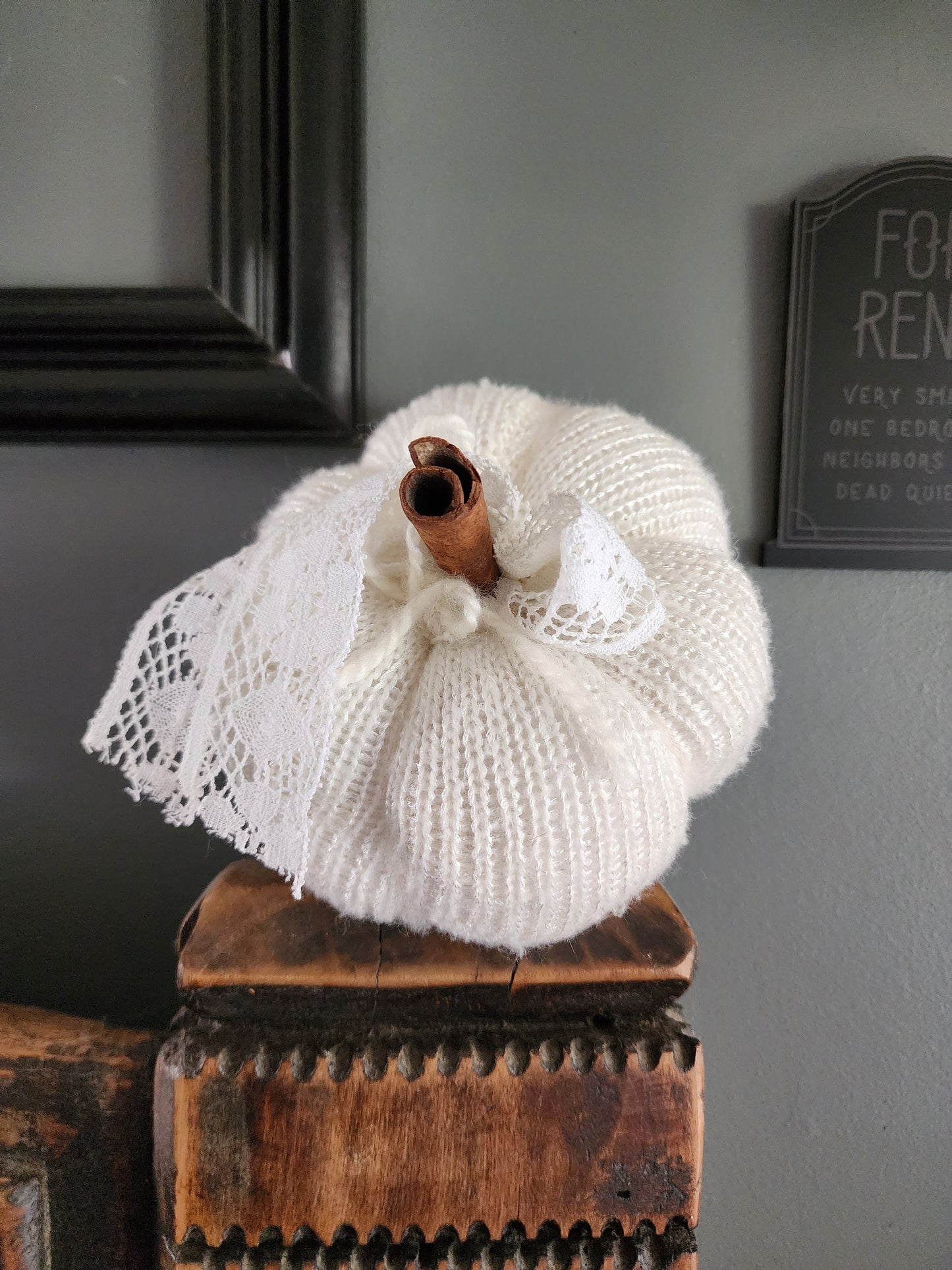 Creamy White Knit Pumpkin PIllow Pouf with Vintage Lace And Cinnamon Stick Stem