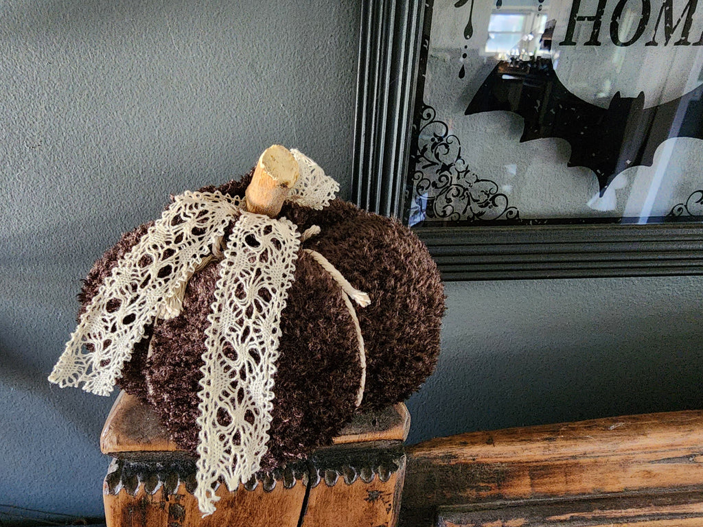 "Cafe Au Chocolat" Brown Knit Pumpkin Pillow Pouf with Vintage Ribbon and Lace