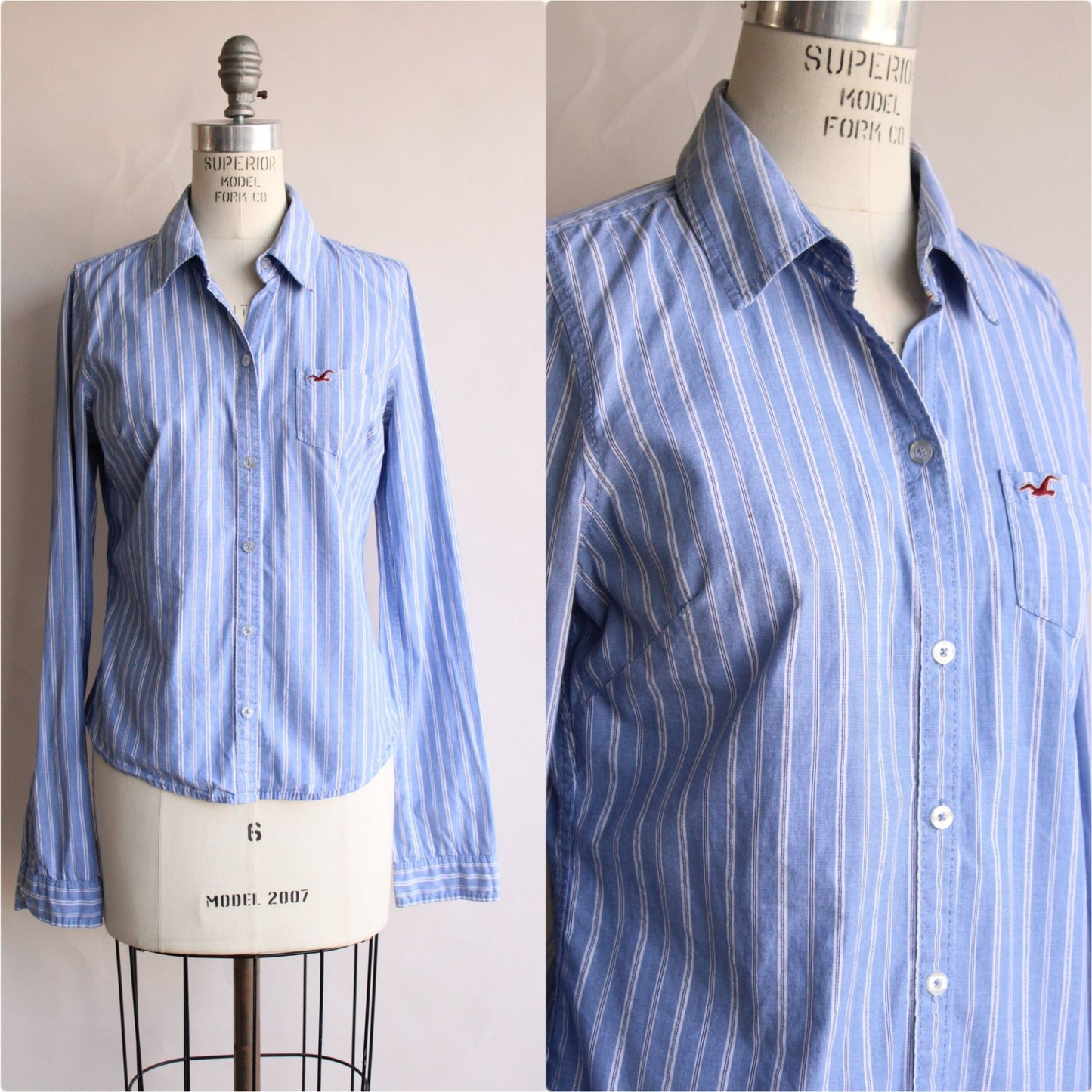 Hollister Button Down Shirt, womens, Size Large, BLue and White Stripe, Cotton spandex