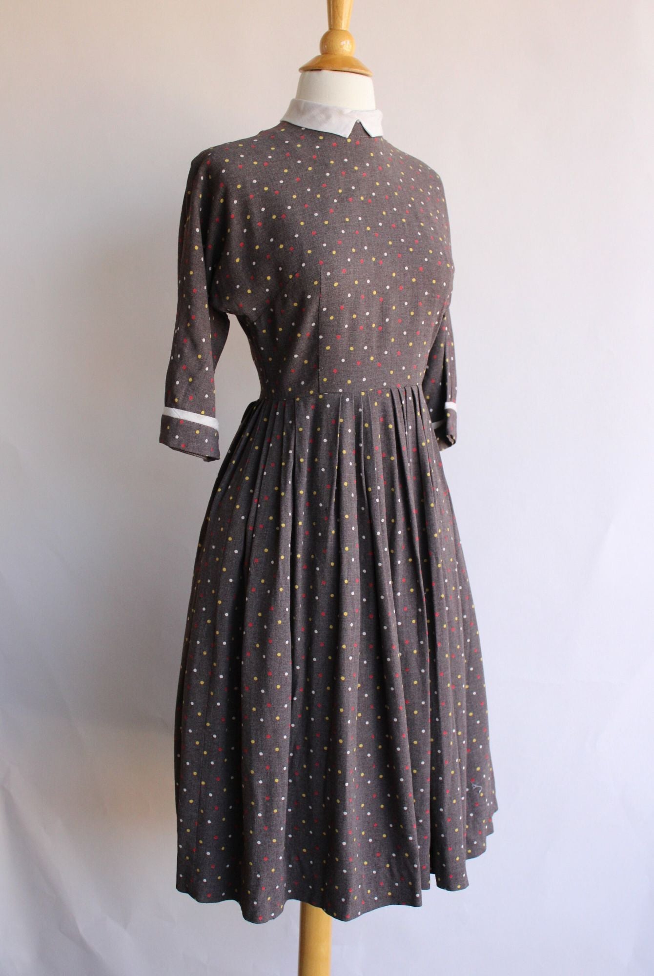 Vintage 1950s Brown with Multi Color Poldadots Dress
