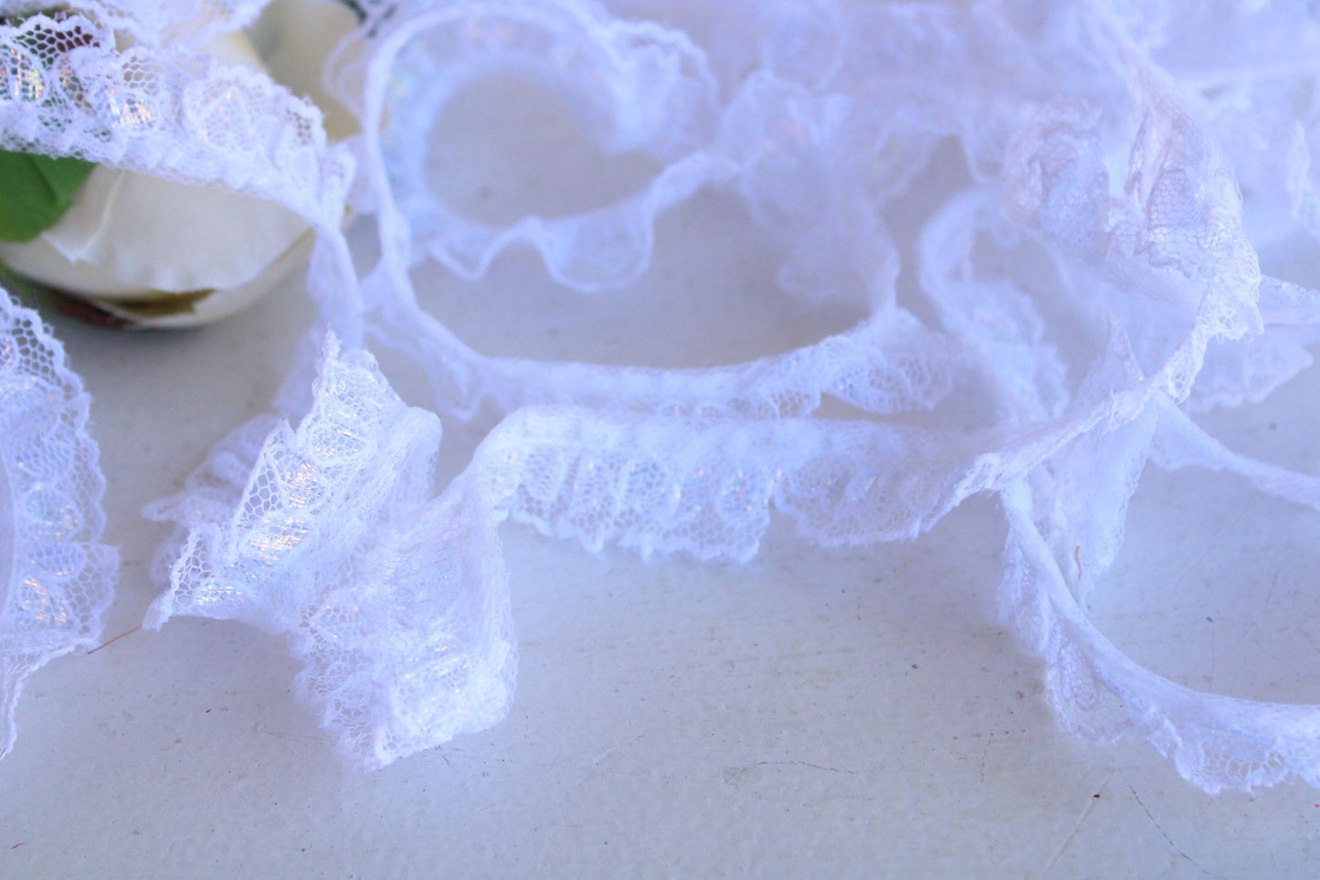 Vintage Ruffled Lace Trim, White with Glittery Hearts,  .75" Wide, 4 yards