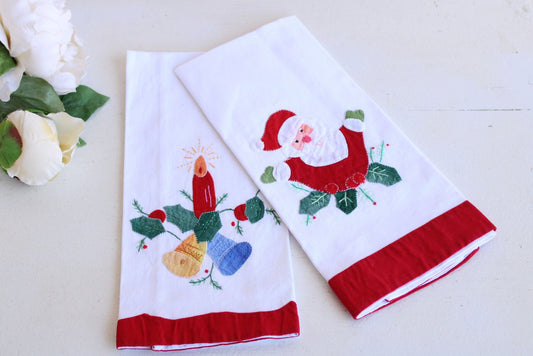 Vintage 1980s Christmas Holiday Towels with Santa Claus and Candle Appliques