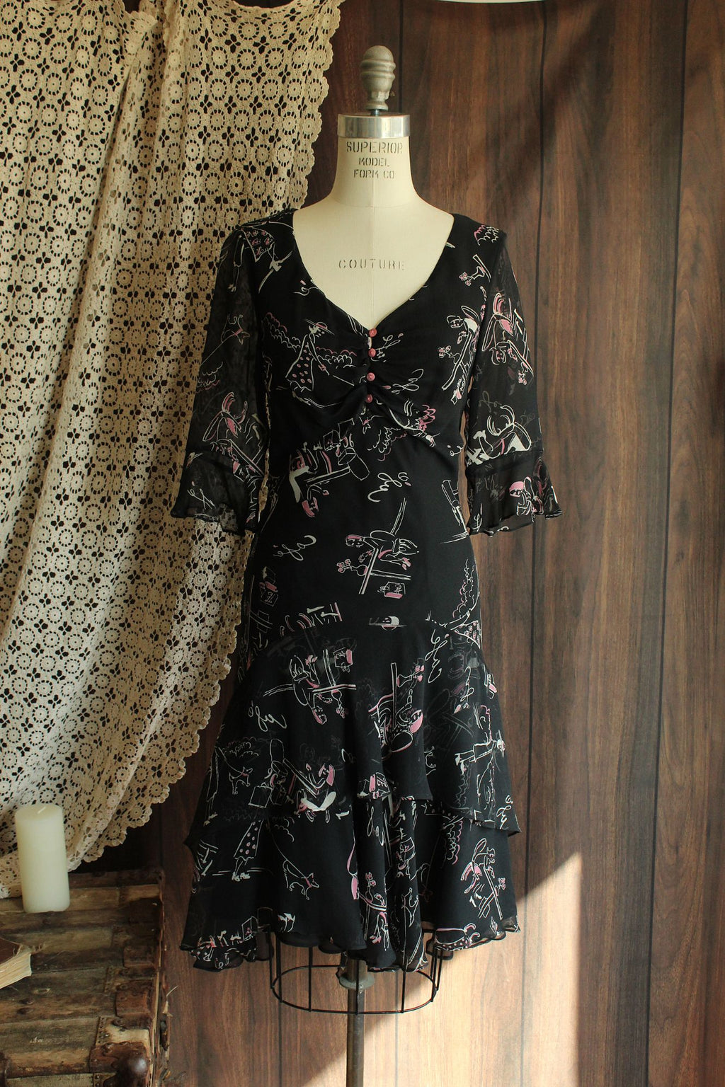 Vintage 1990s Ice Black Silk Cafe Print Dress