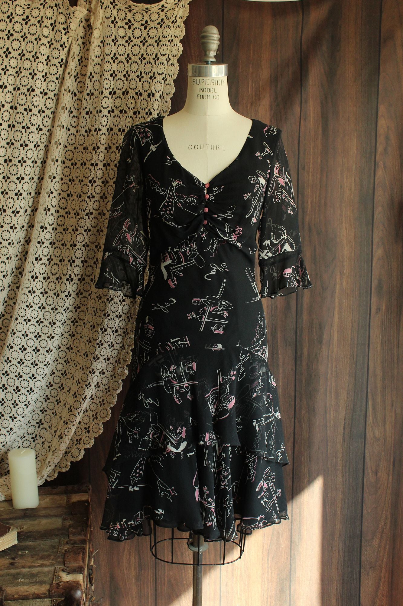 Vintage 1990s Ice Black Silk Cafe Print Dress