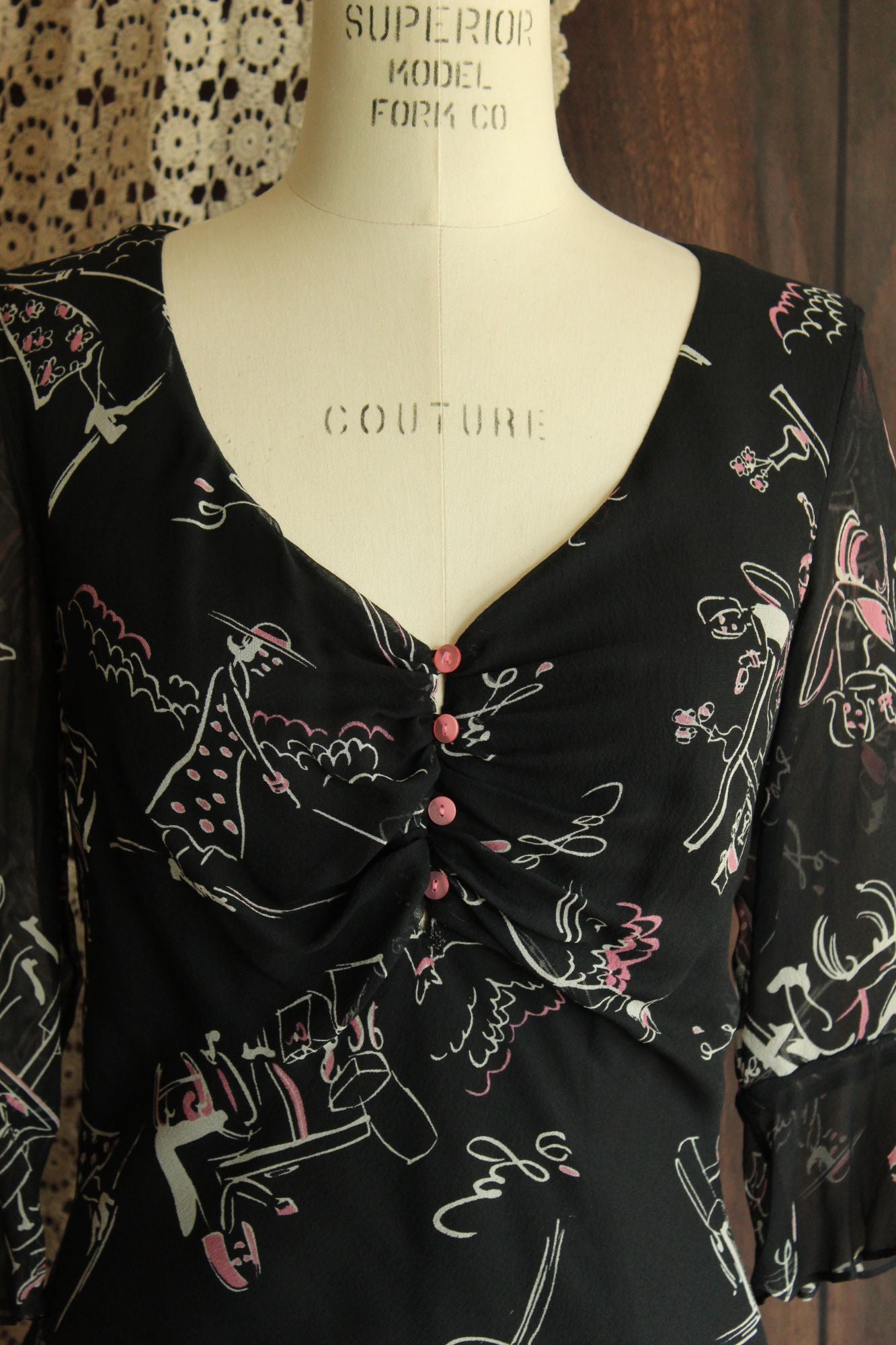 Vintage 1990s Ice Black Silk Cafe Print Dress