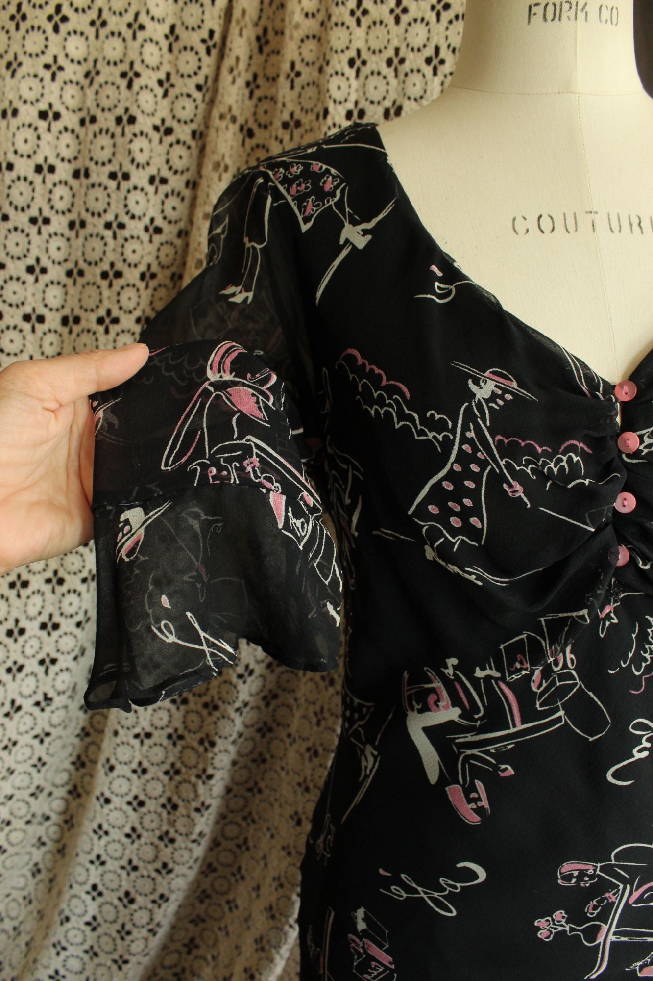 Vintage 1990s Ice Black Silk Cafe Print Dress