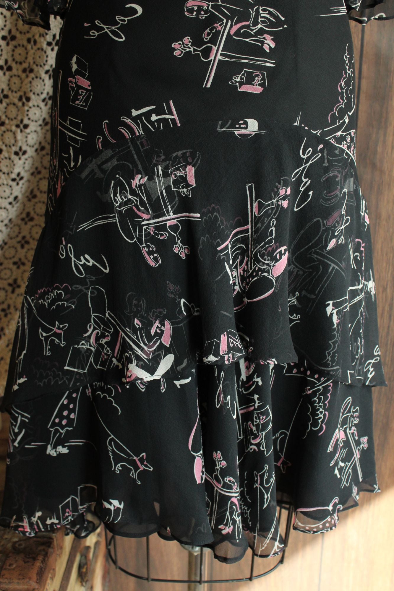 Vintage 1990s Ice Black Silk Cafe Print Dress