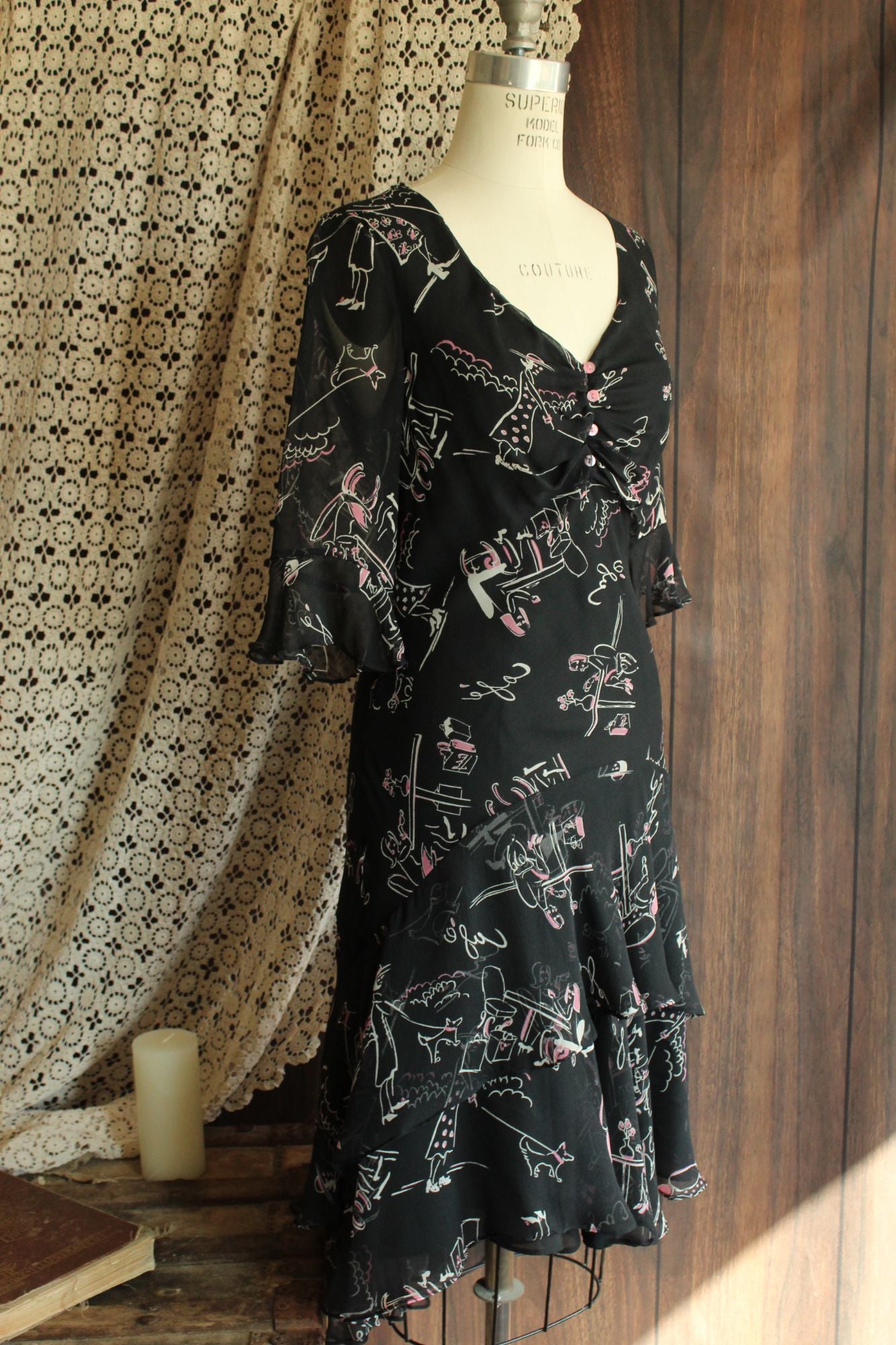 Vintage 1990s Ice Black Silk Cafe Print Dress