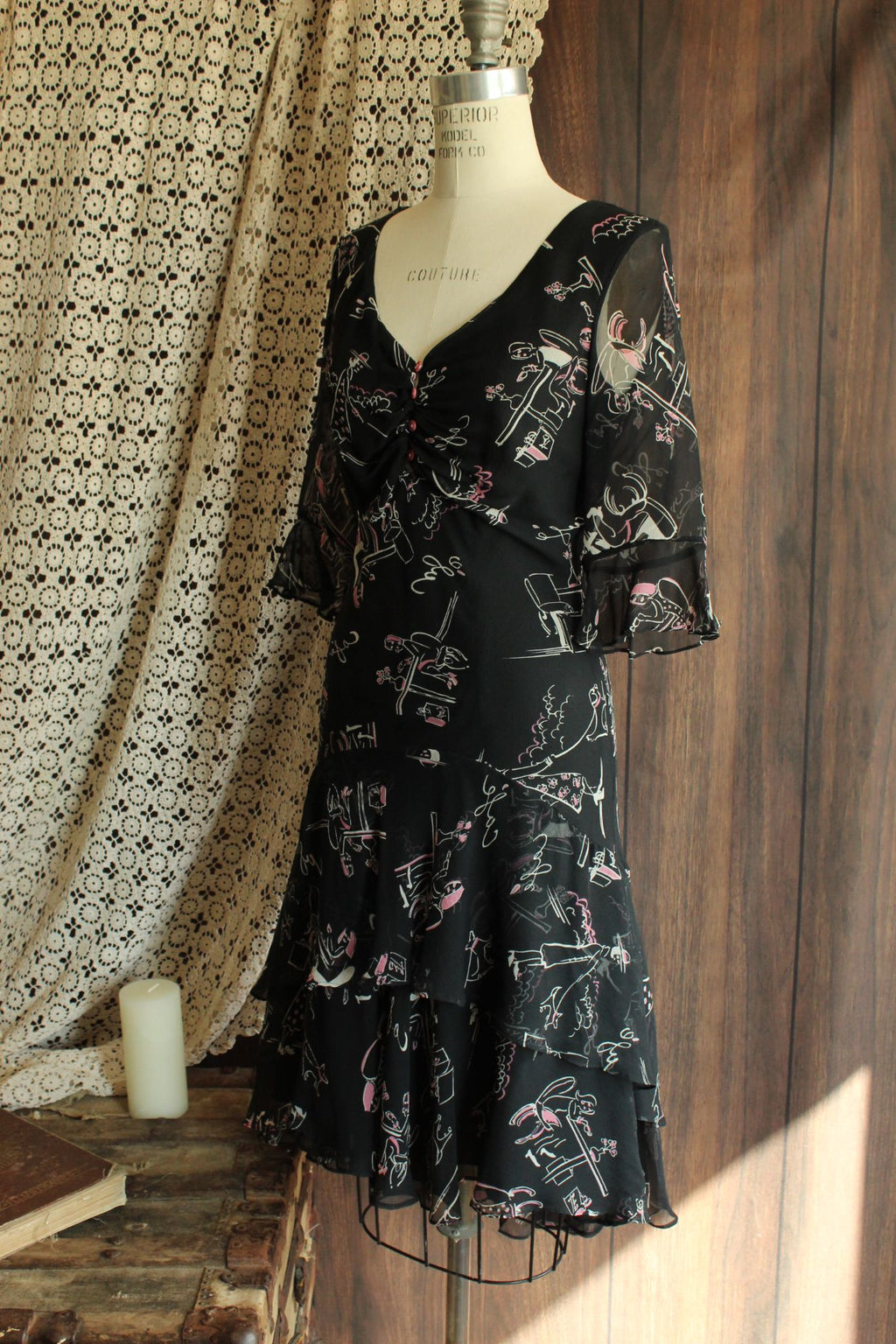 Vintage 1990s Ice Black Silk Cafe Print Dress