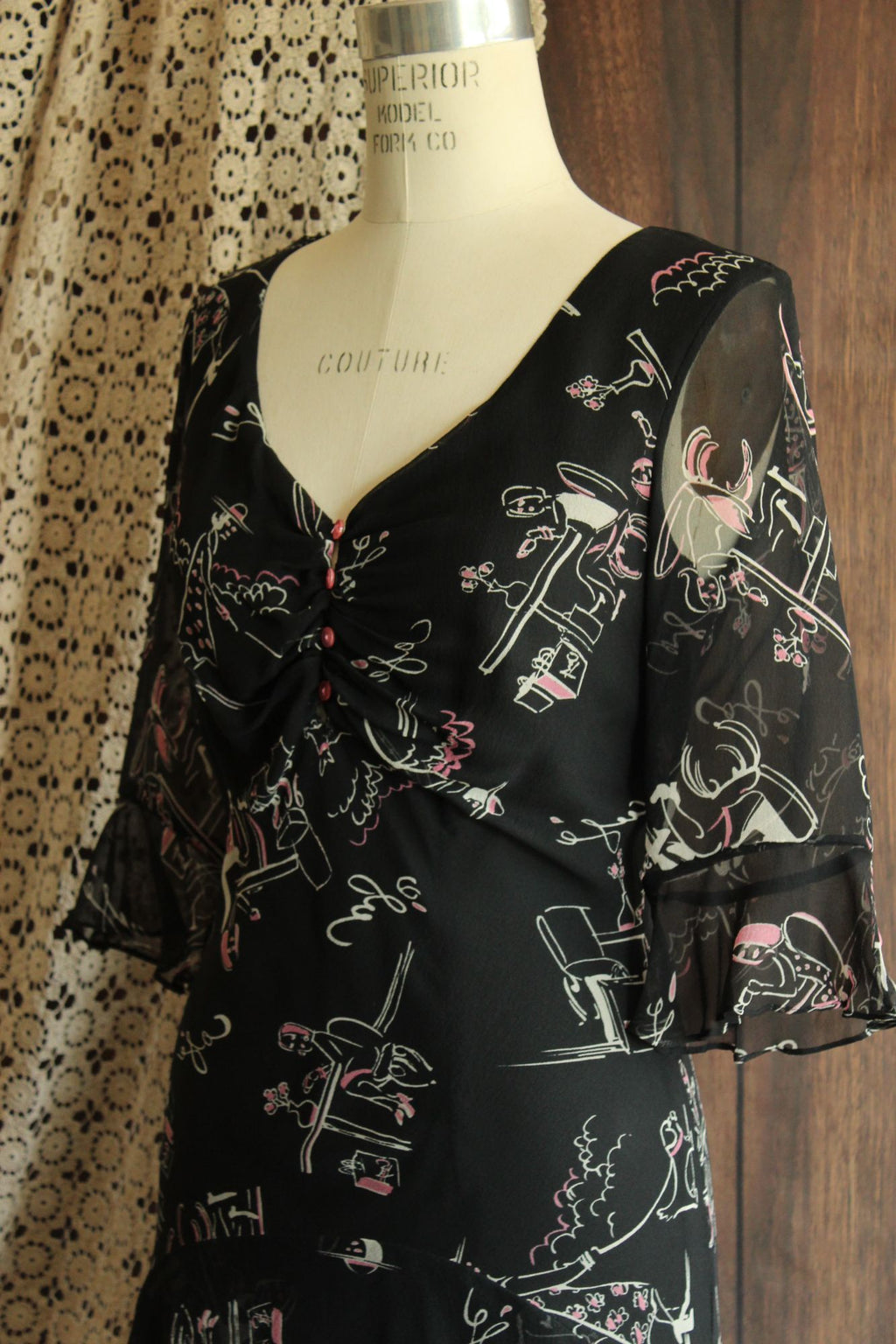 Vintage 1990s Ice Black Silk Cafe Print Dress