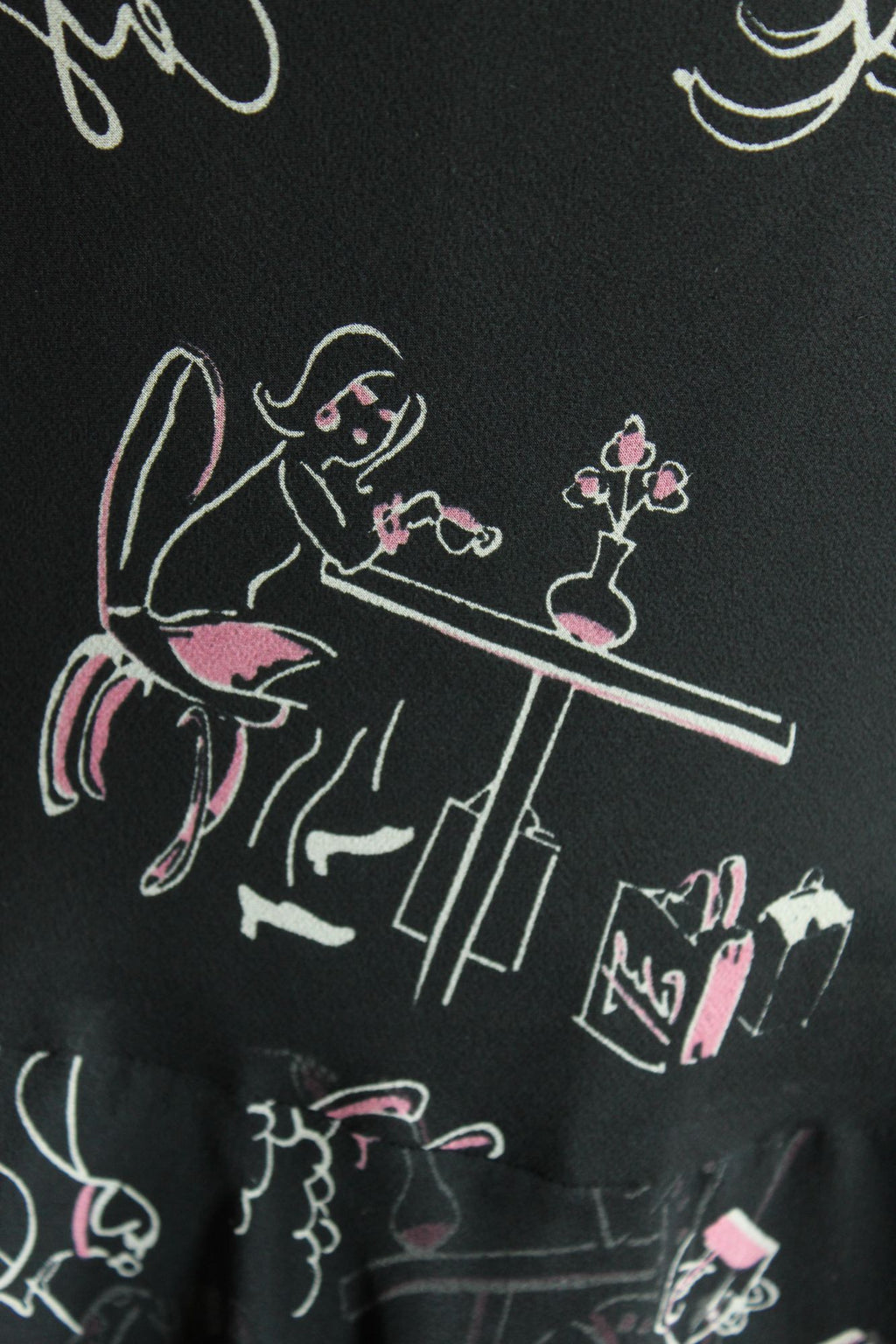 Vintage 1990s Ice Black Silk Cafe Print Dress