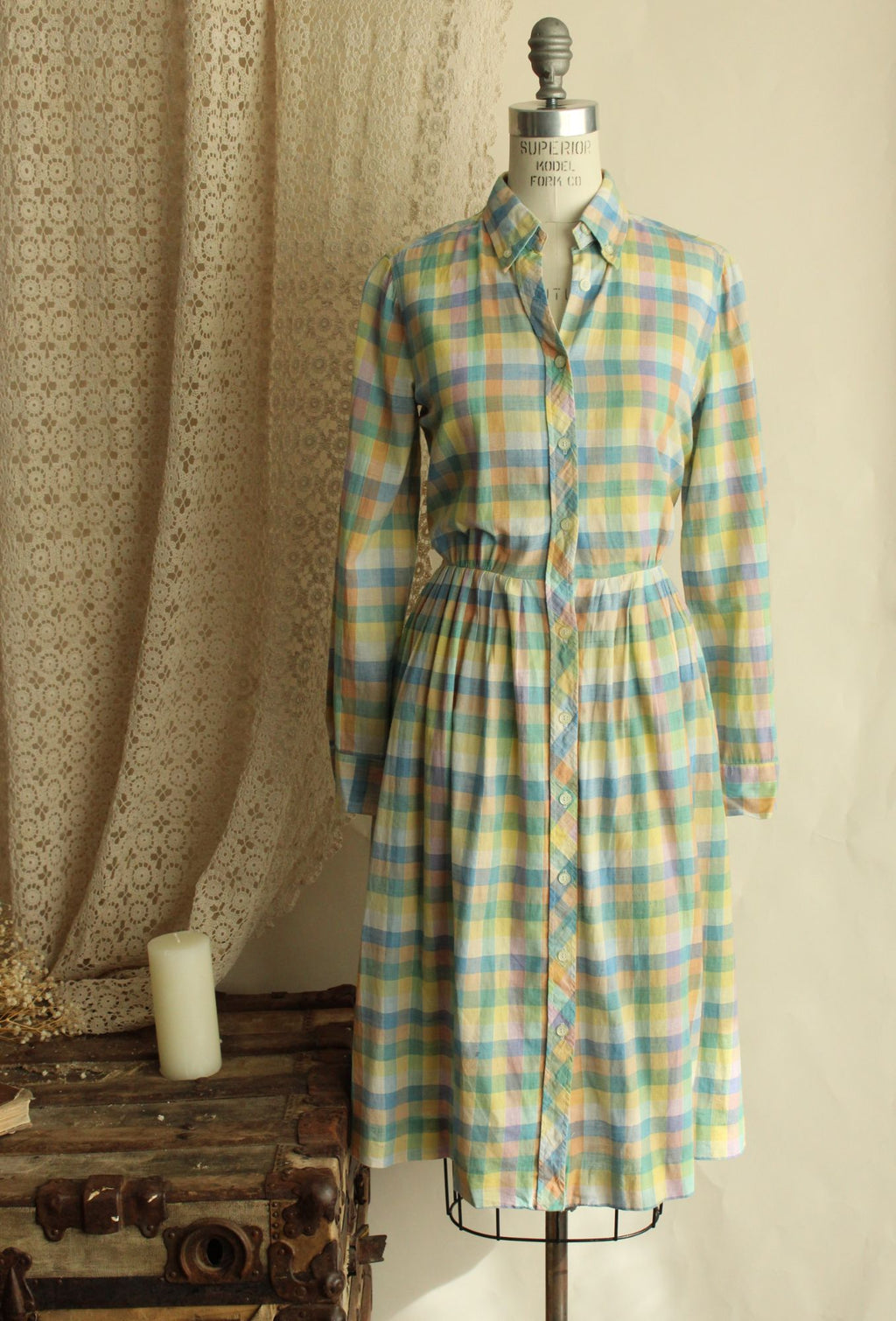 Vintage 1970s 1980s Pastel Check Dress with Pockets