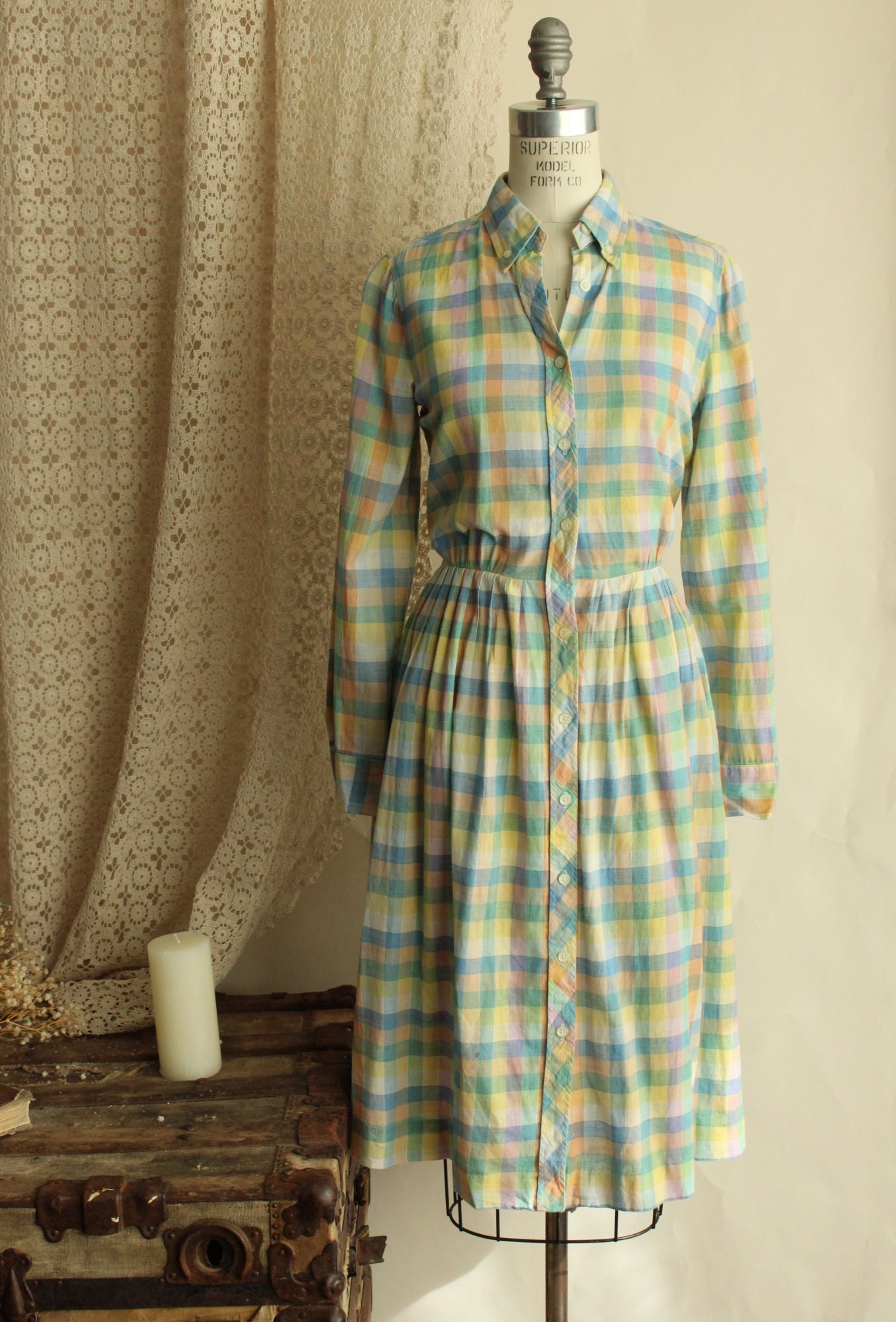 Vintage 1970s 1980s Pastel Check Dress with Pockets