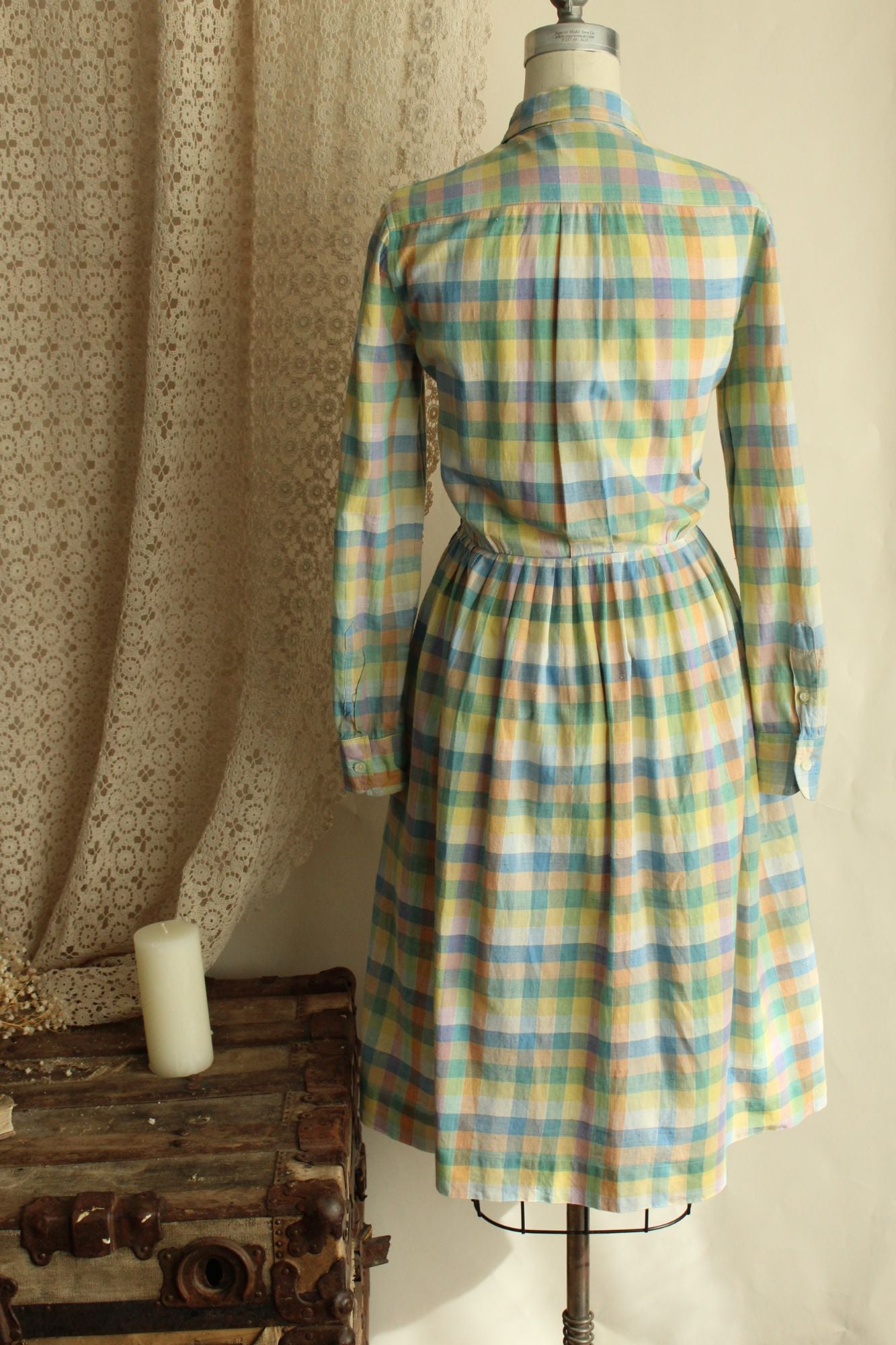 Vintage 1970s 1980s Pastel Check Dress with Pockets