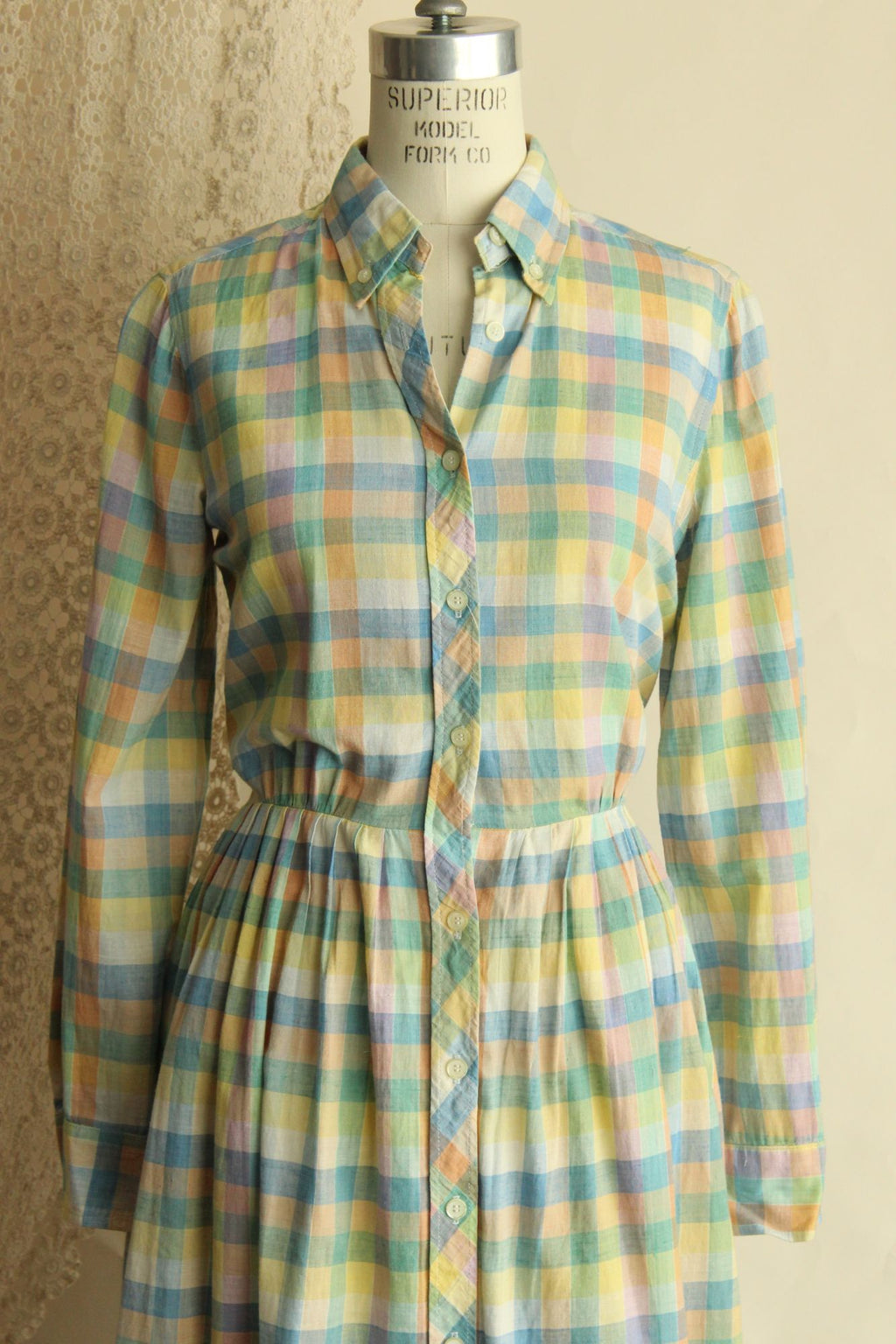 Vintage 1970s 1980s Pastel Check Dress with Pockets