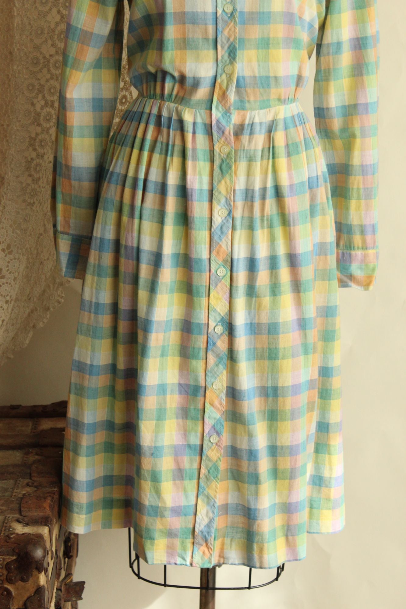 Vintage 1970s 1980s Pastel Check Dress with Pockets