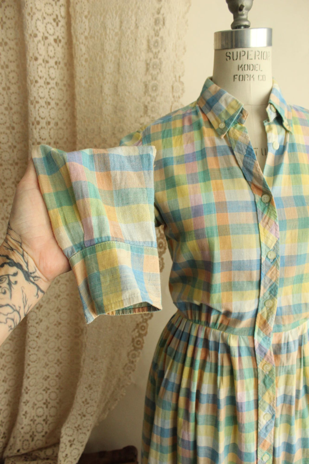Vintage 1970s 1980s Pastel Check Dress with Pockets
