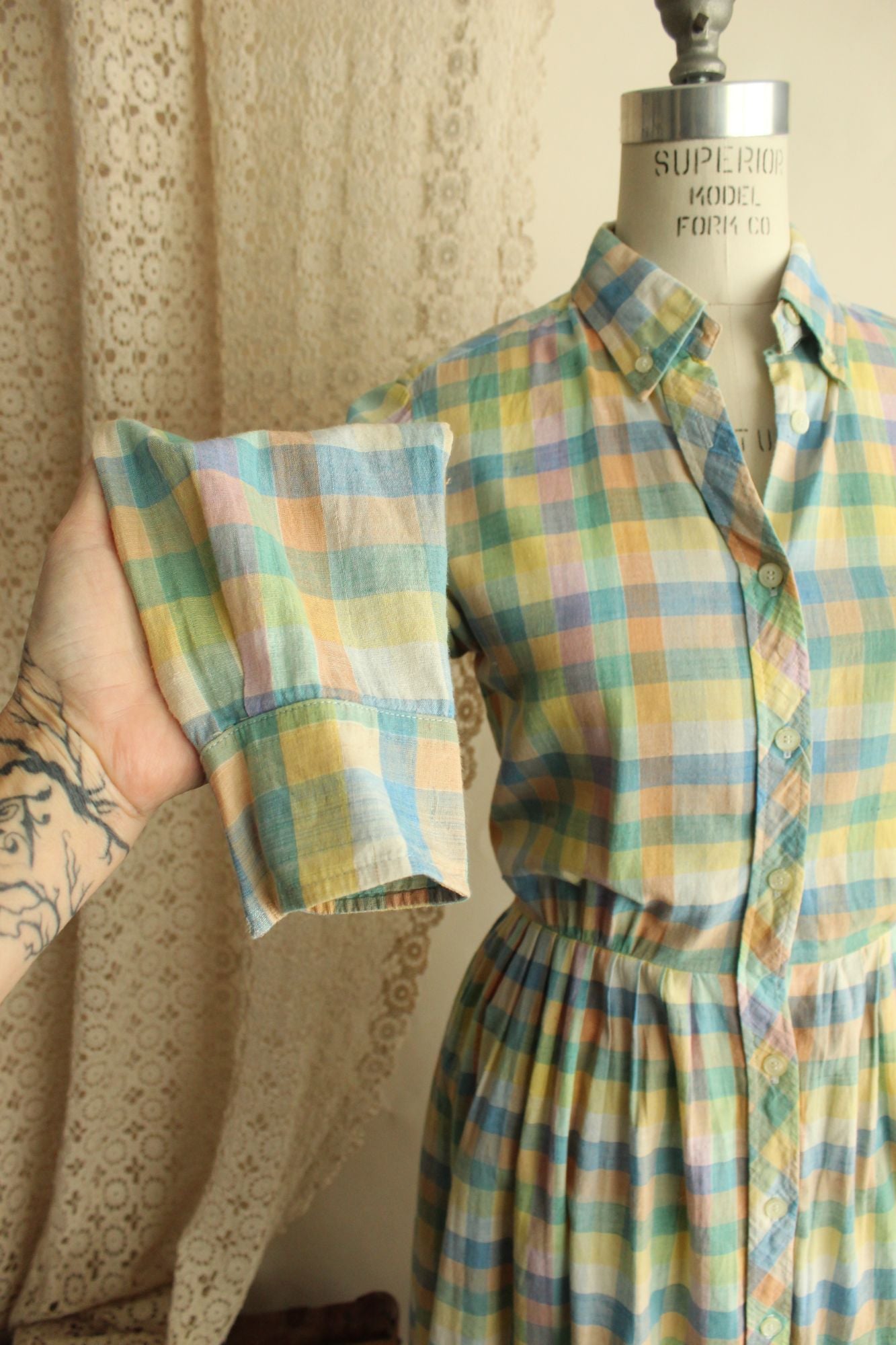 Vintage 1970s 1980s Pastel Check Dress with Pockets