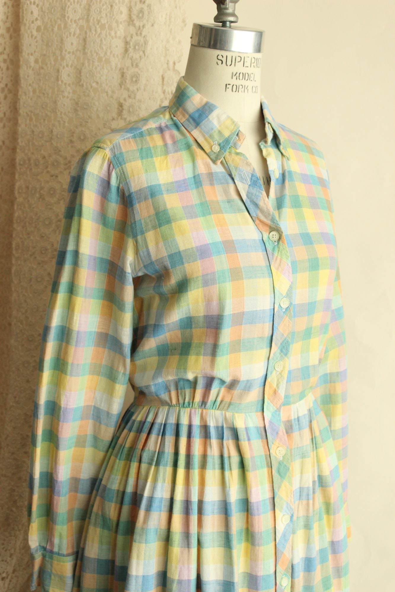 Vintage 1970s 1980s Pastel Check Dress with Pockets