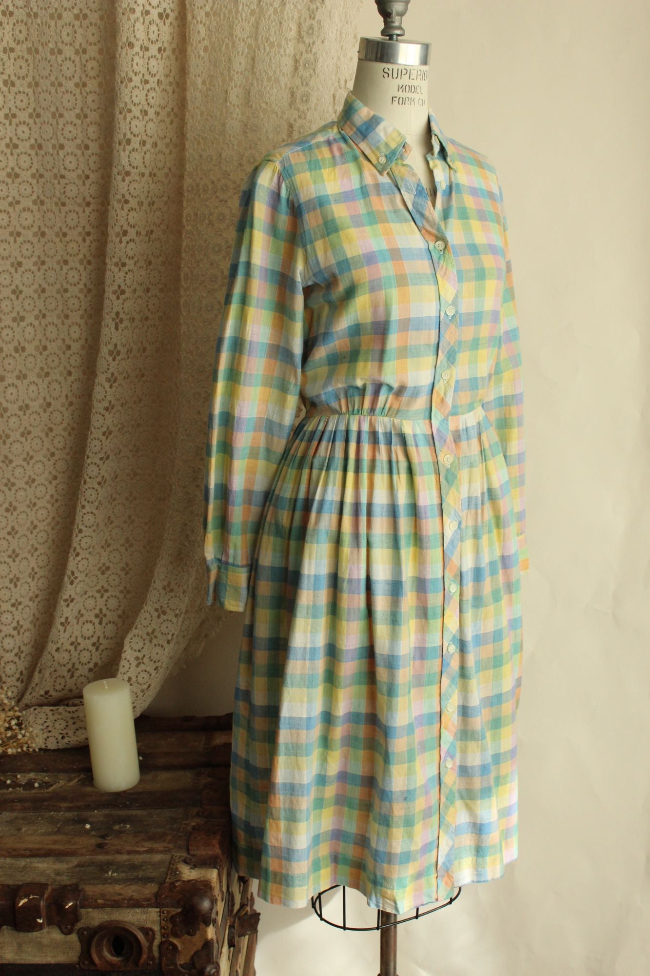 Vintage 1970s 1980s Pastel Check Dress with Pockets