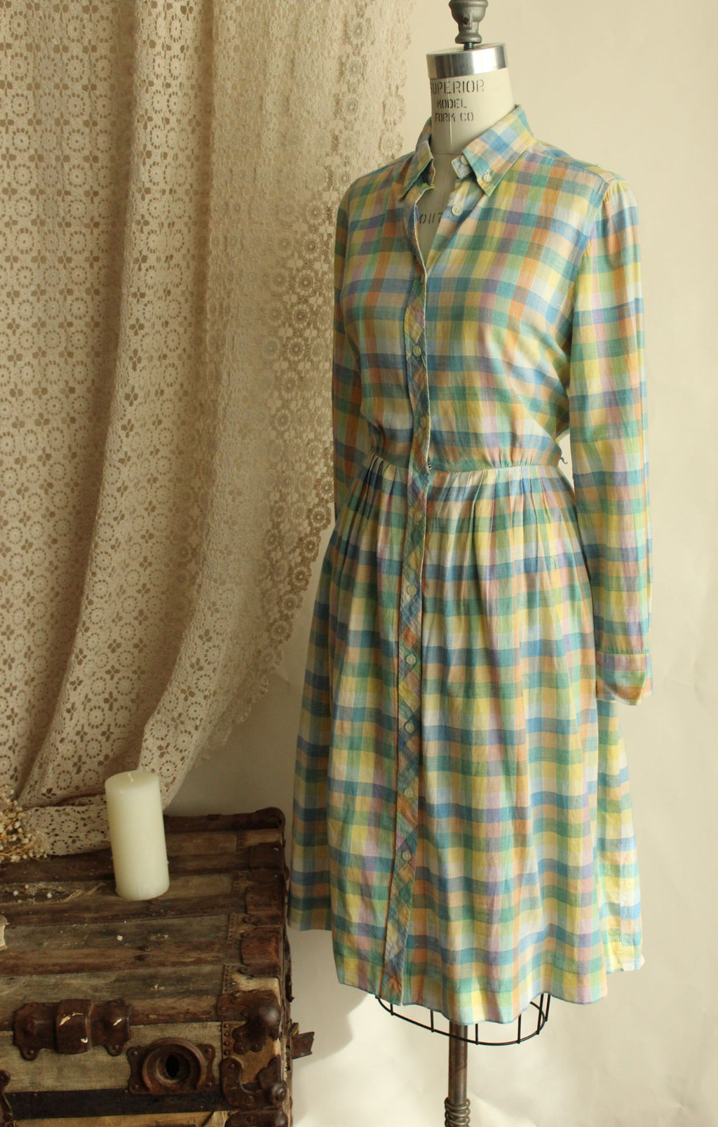 Vintage 1970s 1980s Pastel Check Dress with Pockets