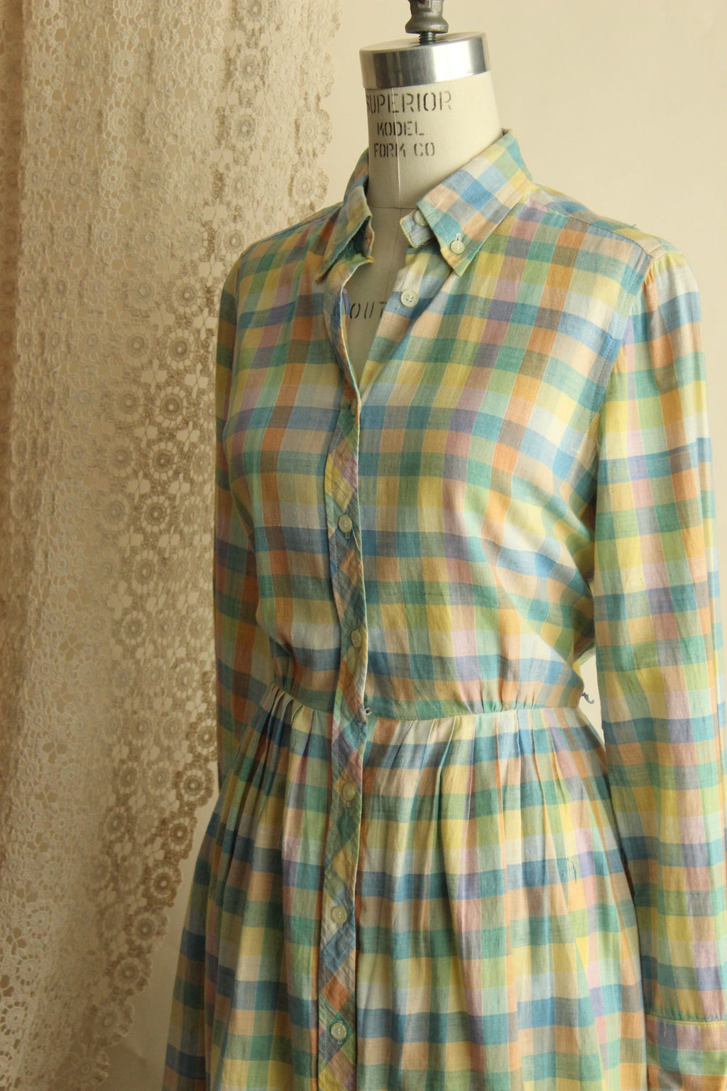 Vintage 1970s 1980s Pastel Check Dress with Pockets