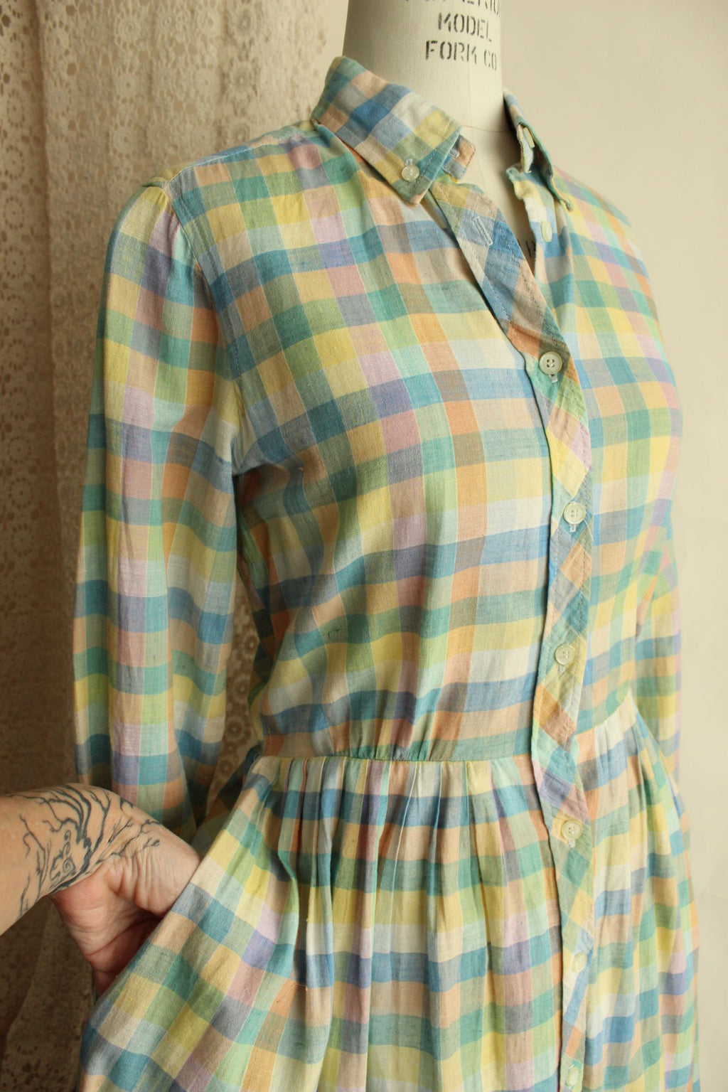 Vintage 1970s 1980s Pastel Check Dress with Pockets