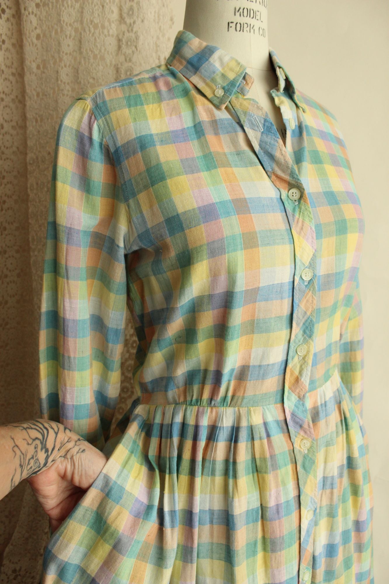 Vintage 1970s 1980s Pastel Check Dress with Pockets