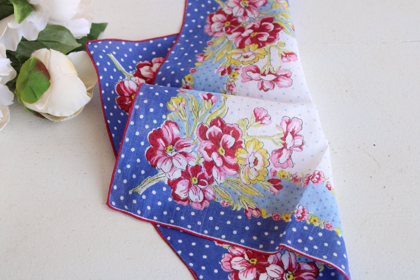 Vintage Cotton Handkerchief with Red White and Blue Flowers