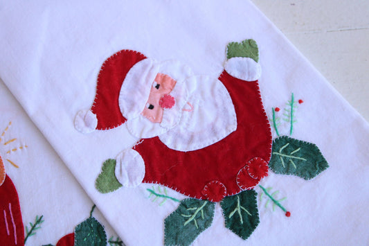 Vintage 1980s Christmas Holiday Towels with Santa Claus and Candle Appliques