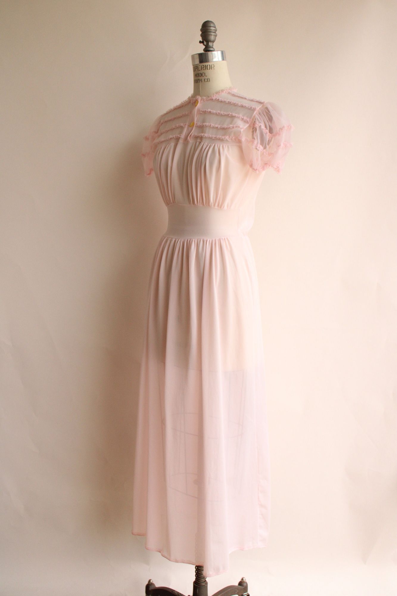 Vintage 1950s  Pink Nylon Nightgown with Lace Trim