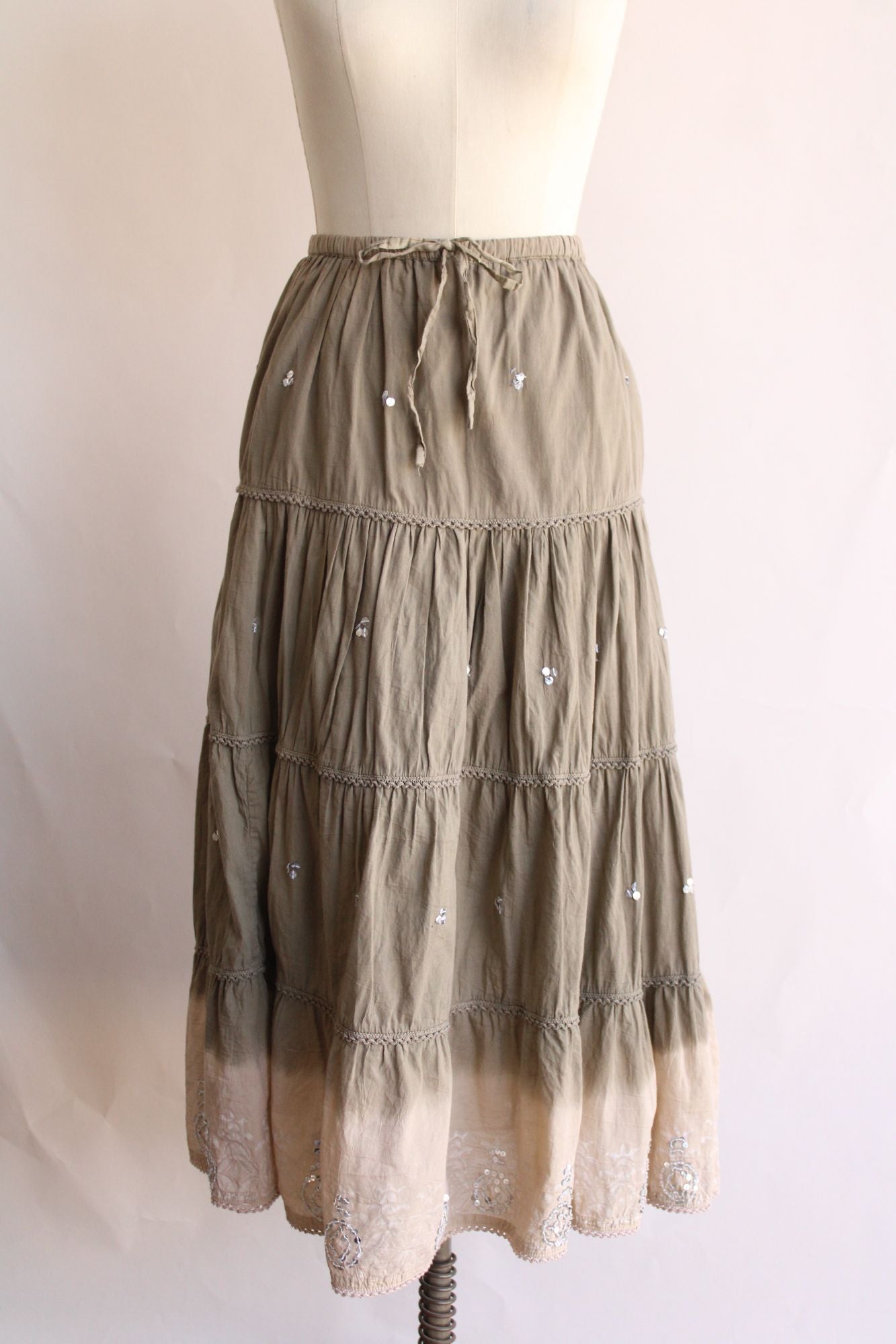 Angie Womens Peasant Skirt, Size Medium Khaki and Beige Multi Tiers Cottage Core