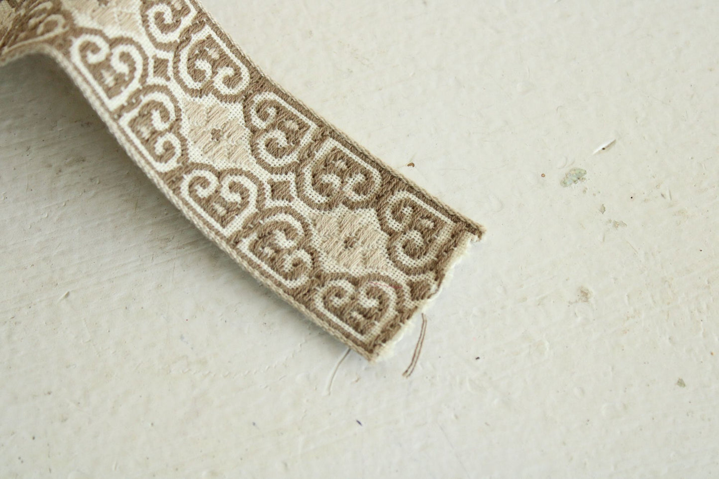 Vintage Jacquard Ribbon Trim, Tan And Ivory, 49" Long PIece, 1.25 Inch Wide