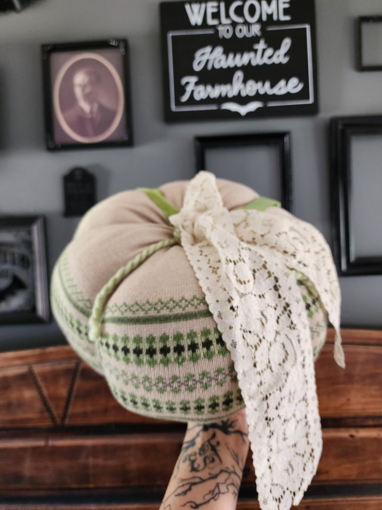 Extra Large Nordic Green Knit Pumpkin Pillow Pouf