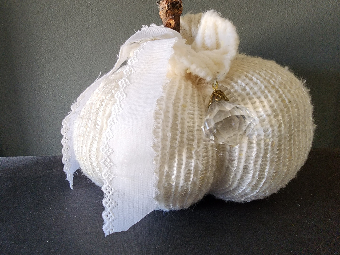 Creamy White Knit Pumpkin PIllow Pouf with Vintage Lace And Crystal