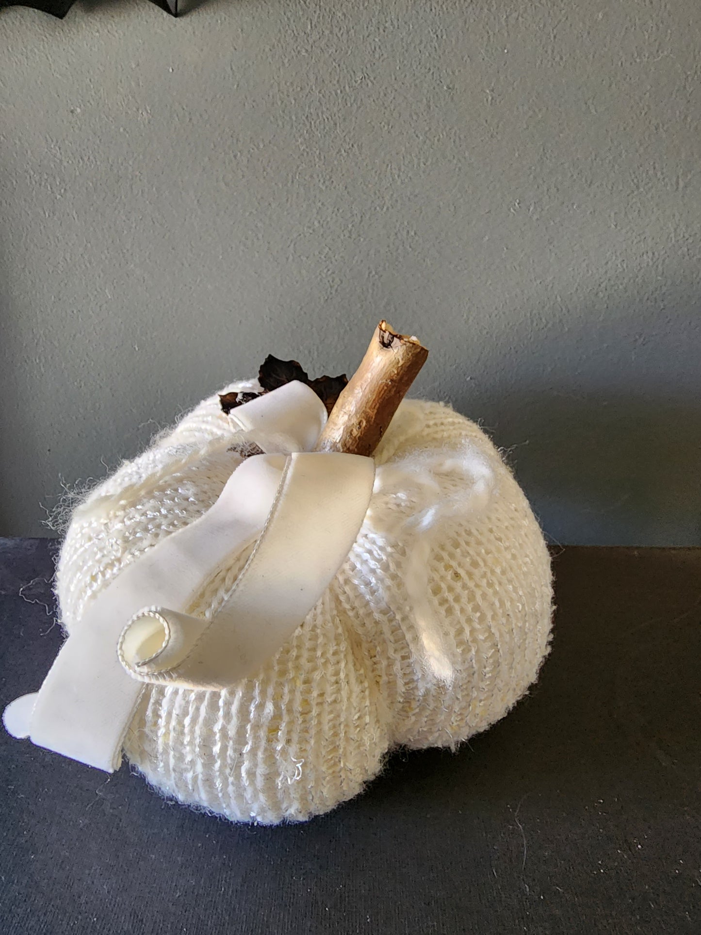 Creamy White Knit Pumpkin PIllow Pouf with Vintage Velvet Ribbon and Aged Copper Leaf
